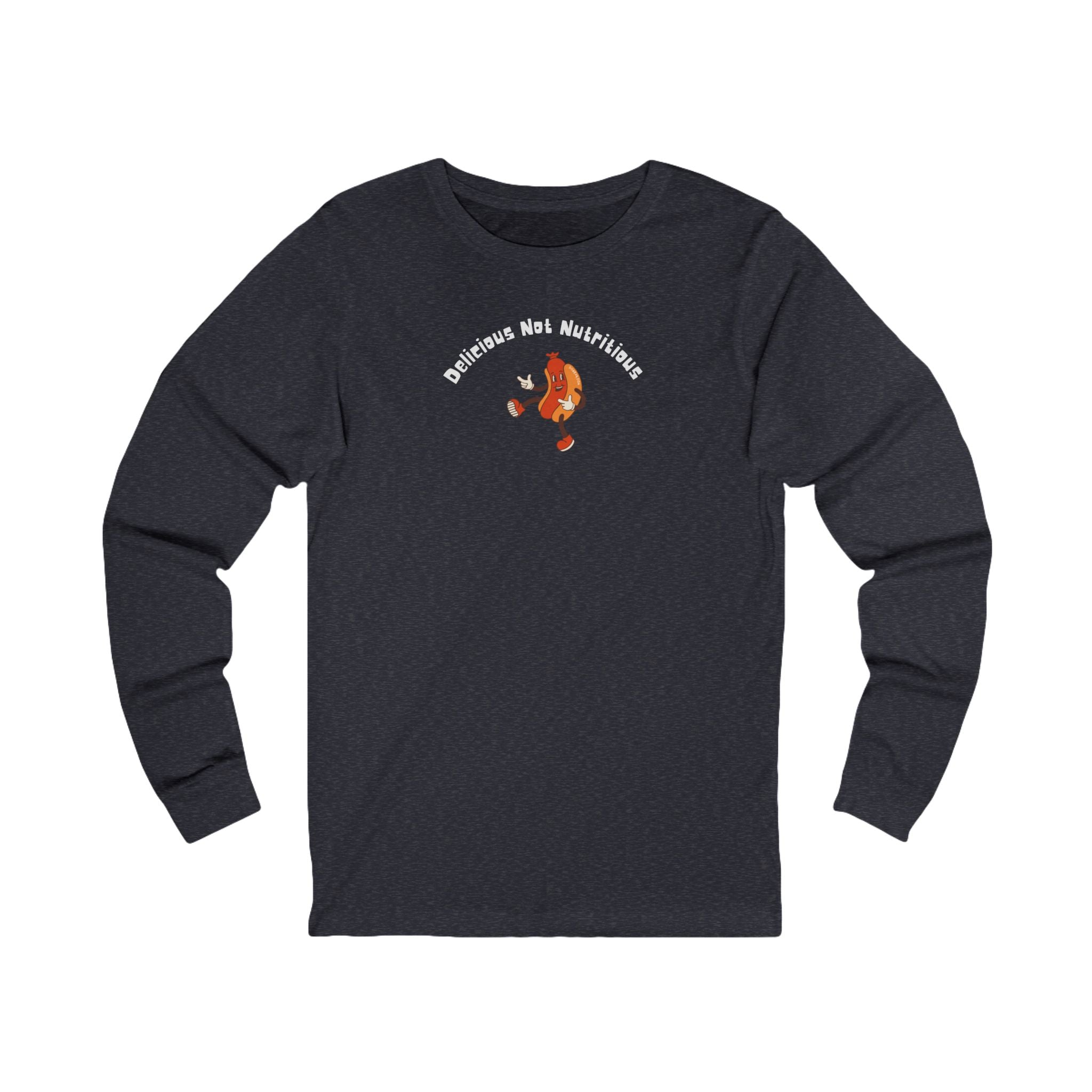 Black long-sleeve shirt with a hotdog graphic and text "Delicious Not Nutritious"