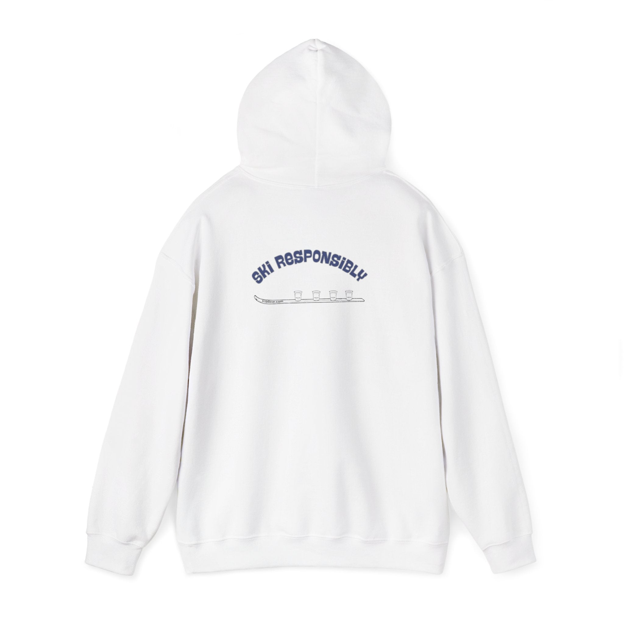 White hoodie with text on the back "Ski Responsibly" and graphic of a Shotski