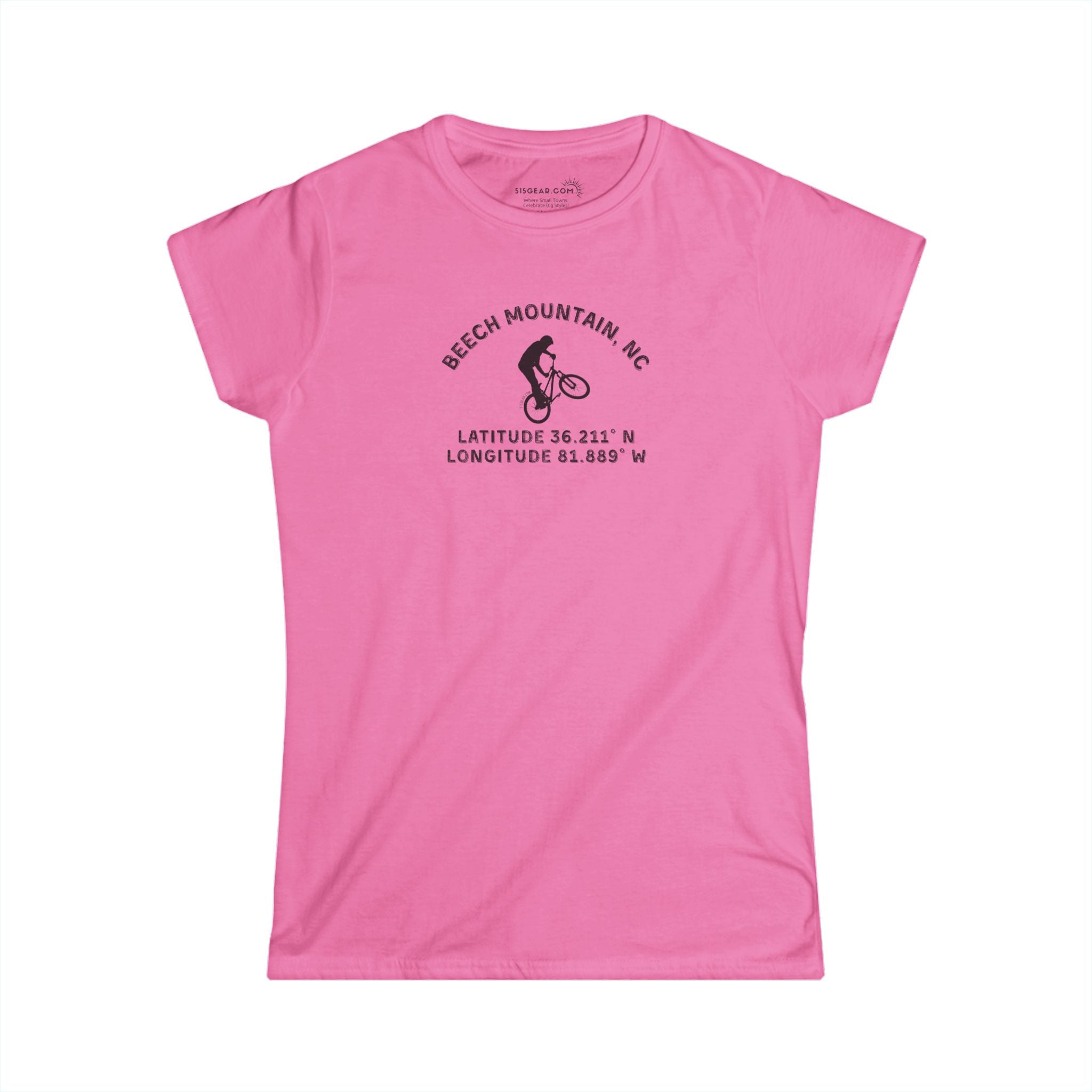 Pink women's semi fitted t-shirt with mountain bike graphic and text "Beech Mountain, NC - Latitude and Longitude" coordinates