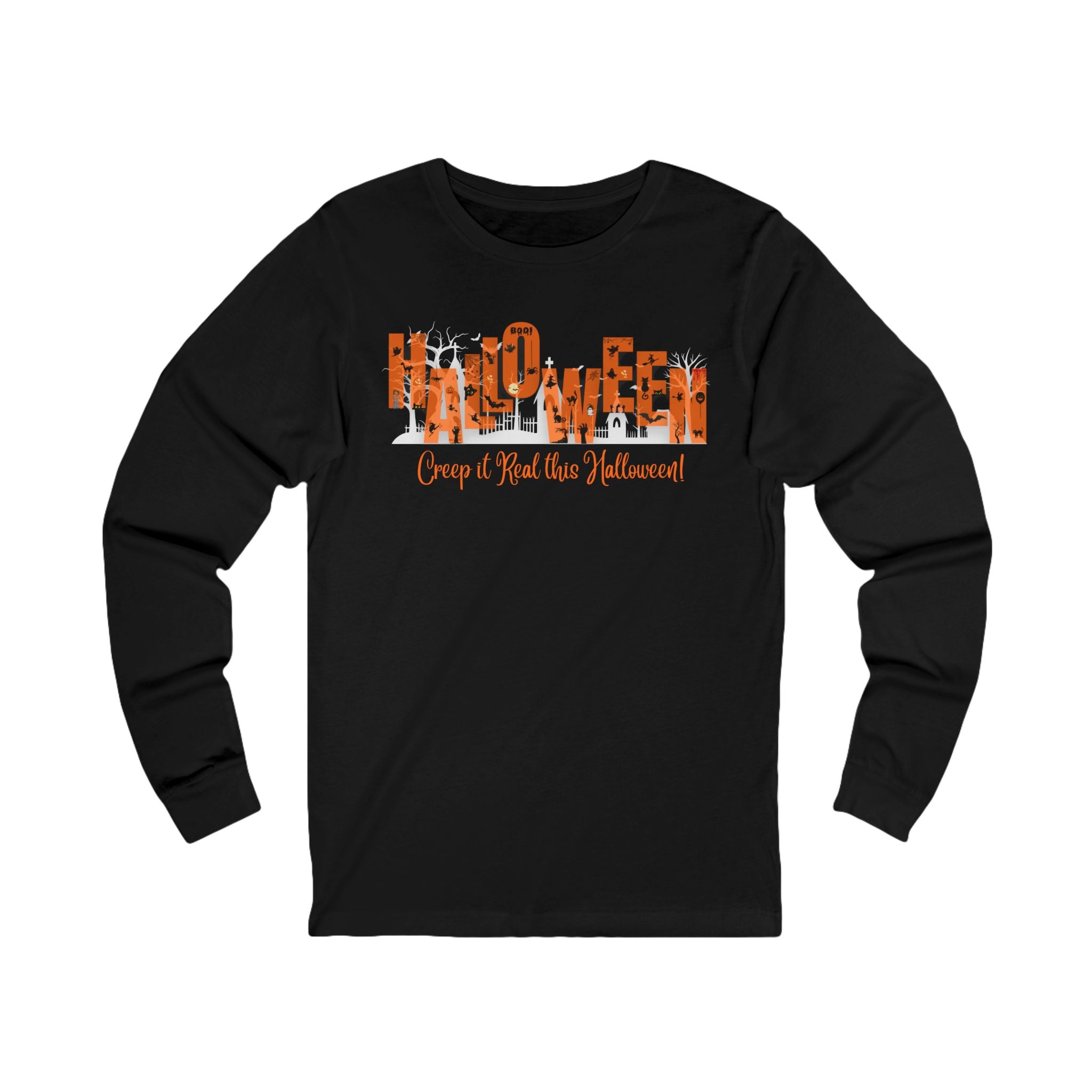 Black unisex long sleeve t-shirt with halloween graphic of a cemetery and larger text "Halloween" and small text "Creep It Real This Halloween" by 515Gear.com
