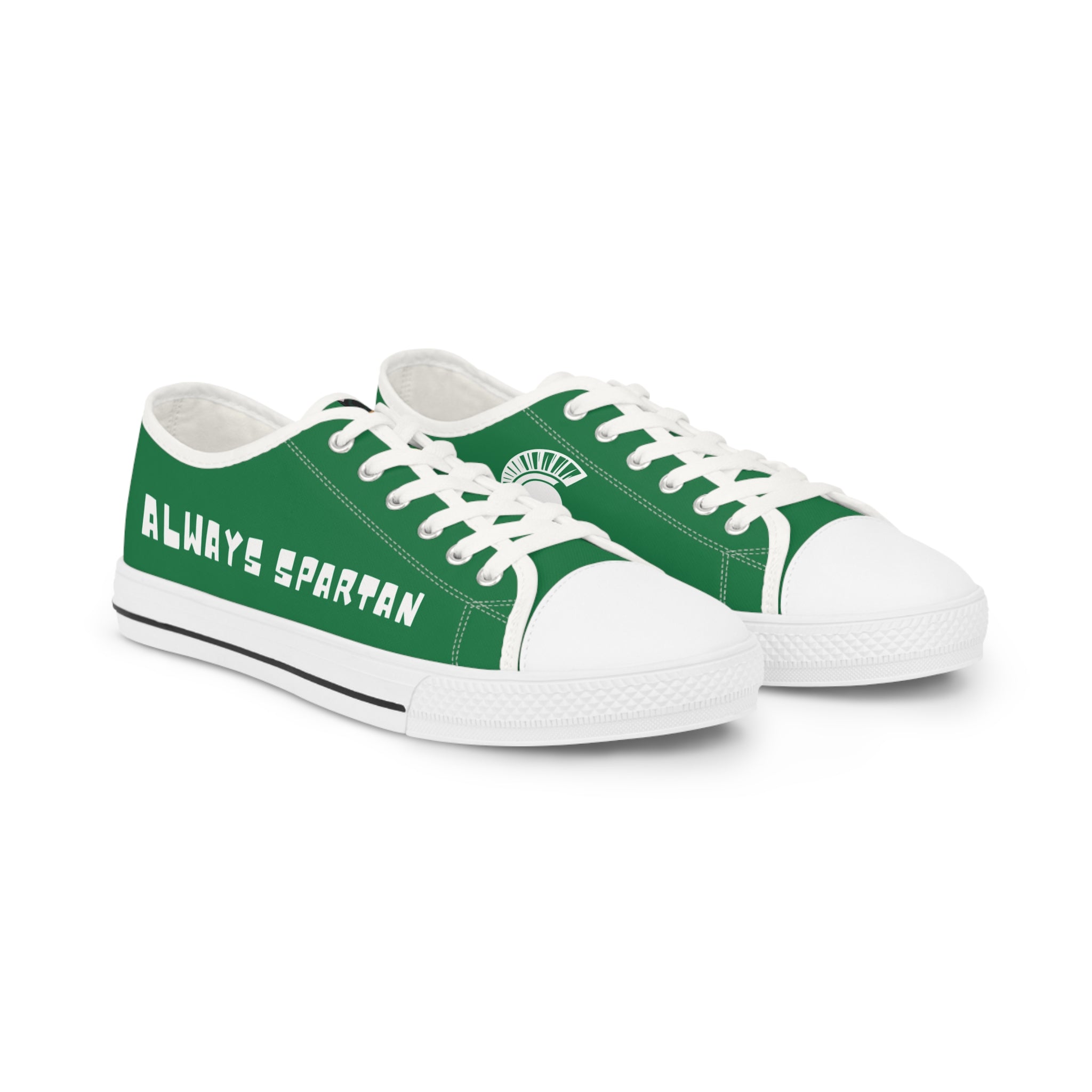 Green sneakers with 'Always Spartan' text on a white background