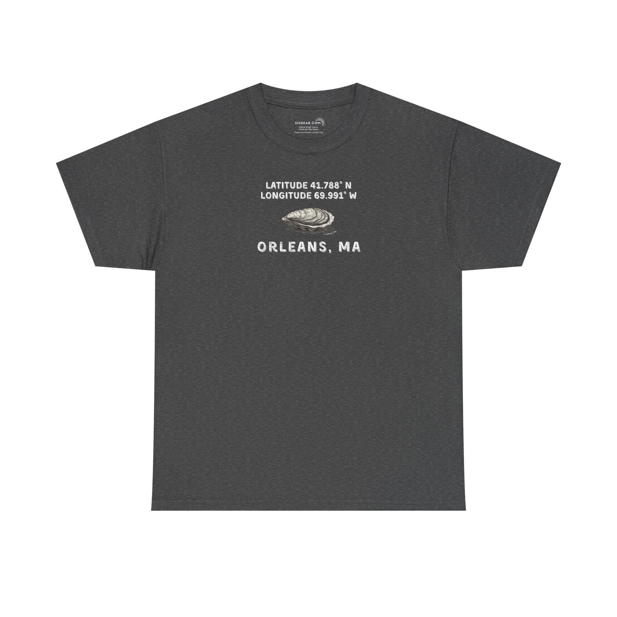 Gray t-shirt with oyster graphic and rustic text "Latitude 41.788 N, Longitude 69.991 W - Orleans, MA"