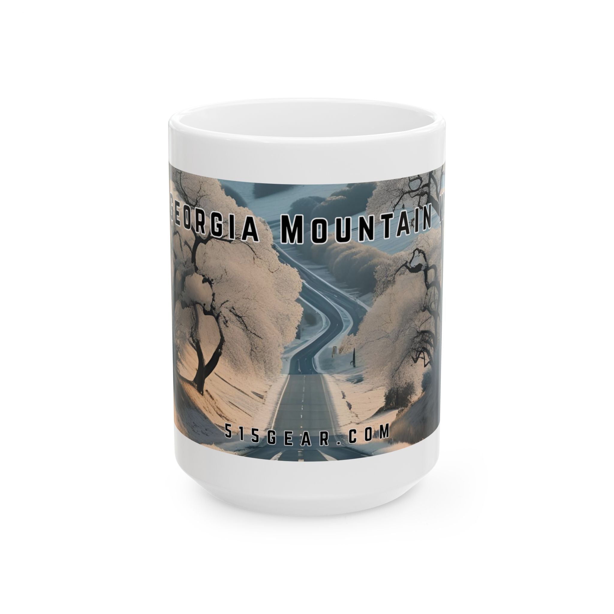 Mug with a vintage scenic design of a rural road cutting through the North Georgia Mountains in Winter by 515Gear.com