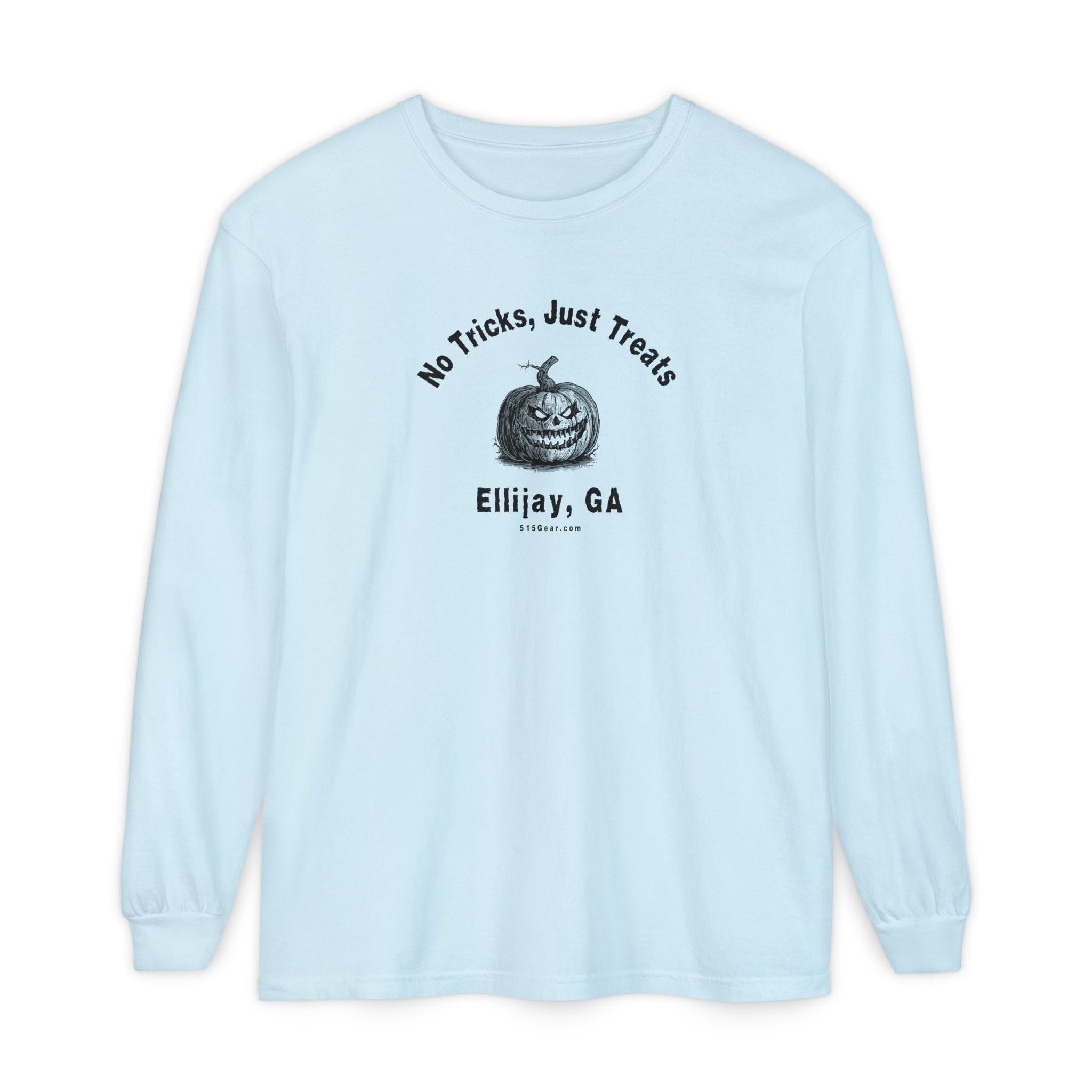 Light Blue unisex long sleeve T-shirt with jack-o-lantern graphic and text "No Tricks Just Treats - Ellijay GA" by 515Gear.com