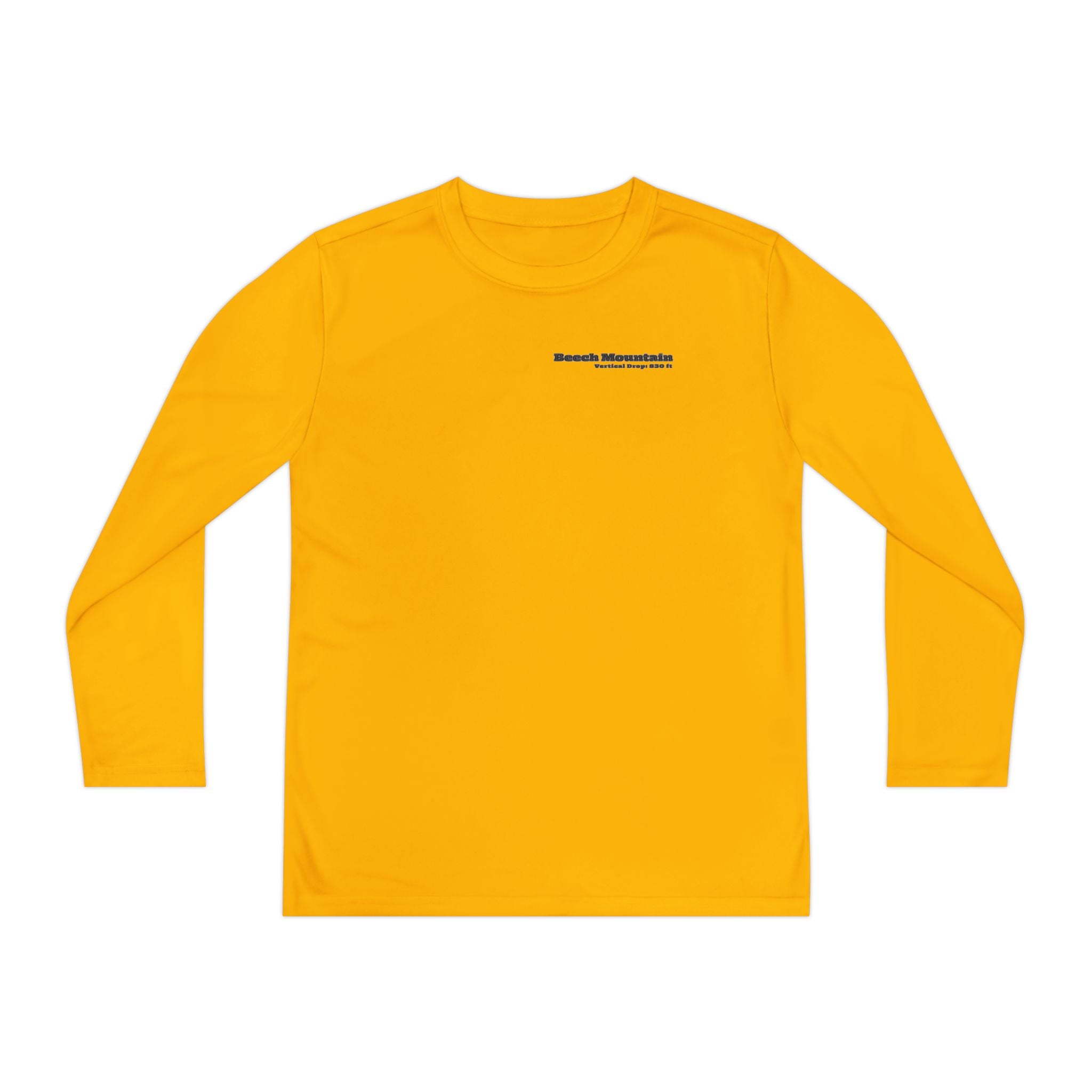 Yellow long-sleeve performance tee with text "Beech Mountain, Vertical Drop: 830 ft" on the front
