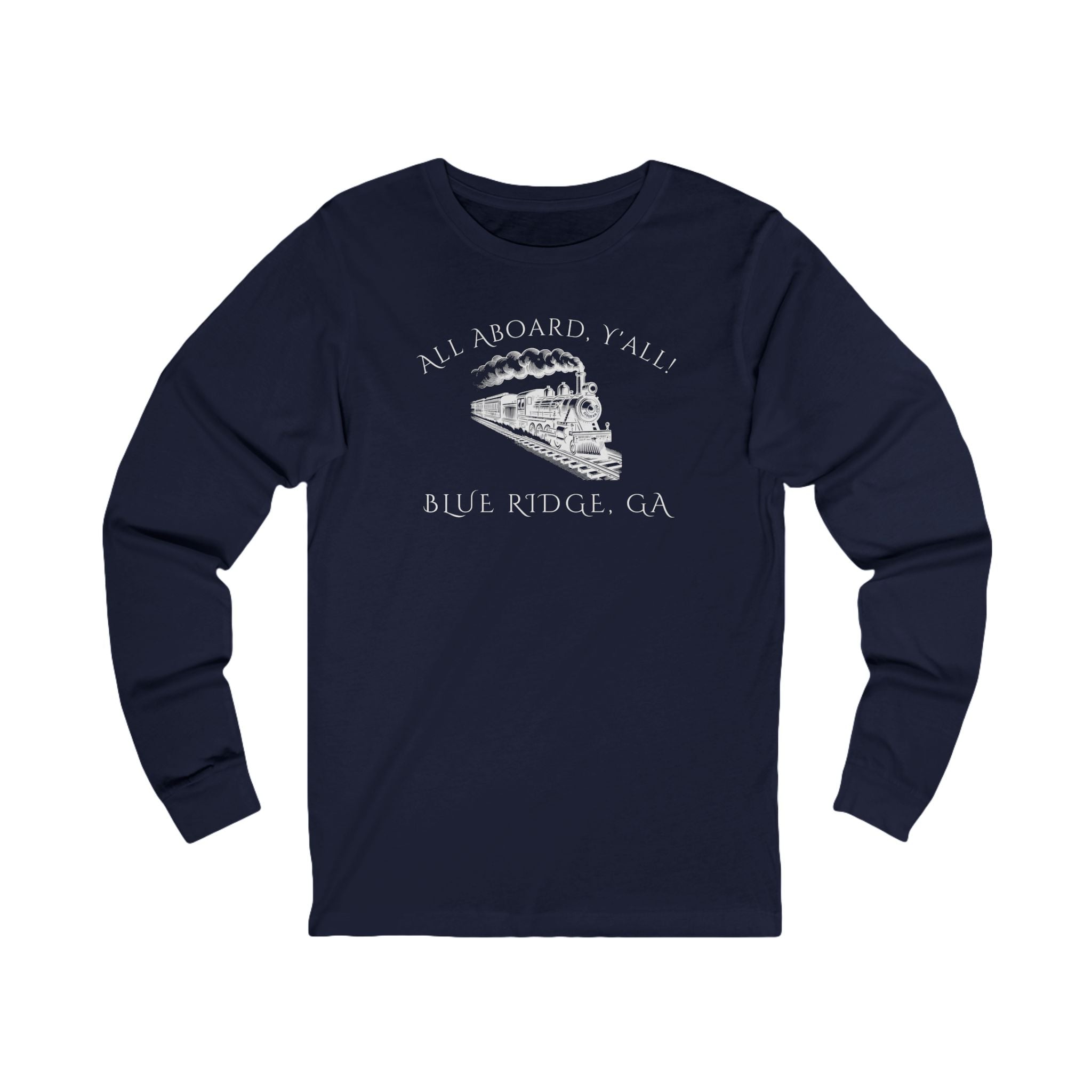 Navy long-sleeve shirt with train graphic and text "All Aboard, Y'all - Blue Ridge, GA"