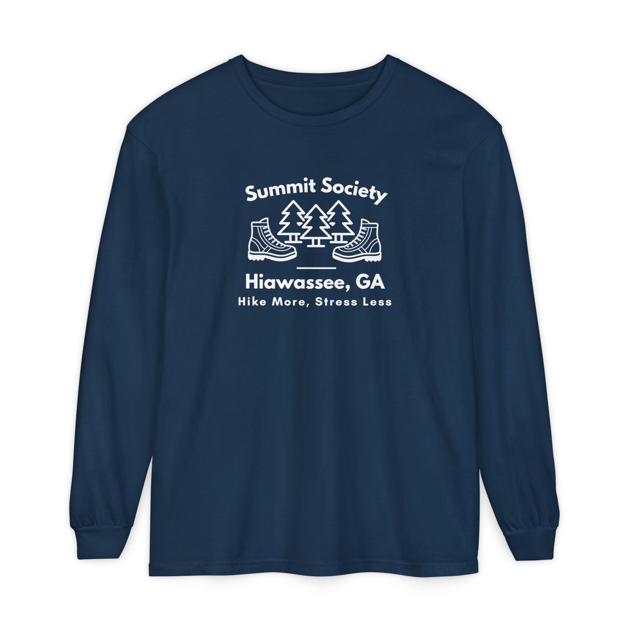 Long-sleeve t-shirt, 'Summit Society Hiawassee, GA Hike More, Stress Less' printed on the front.