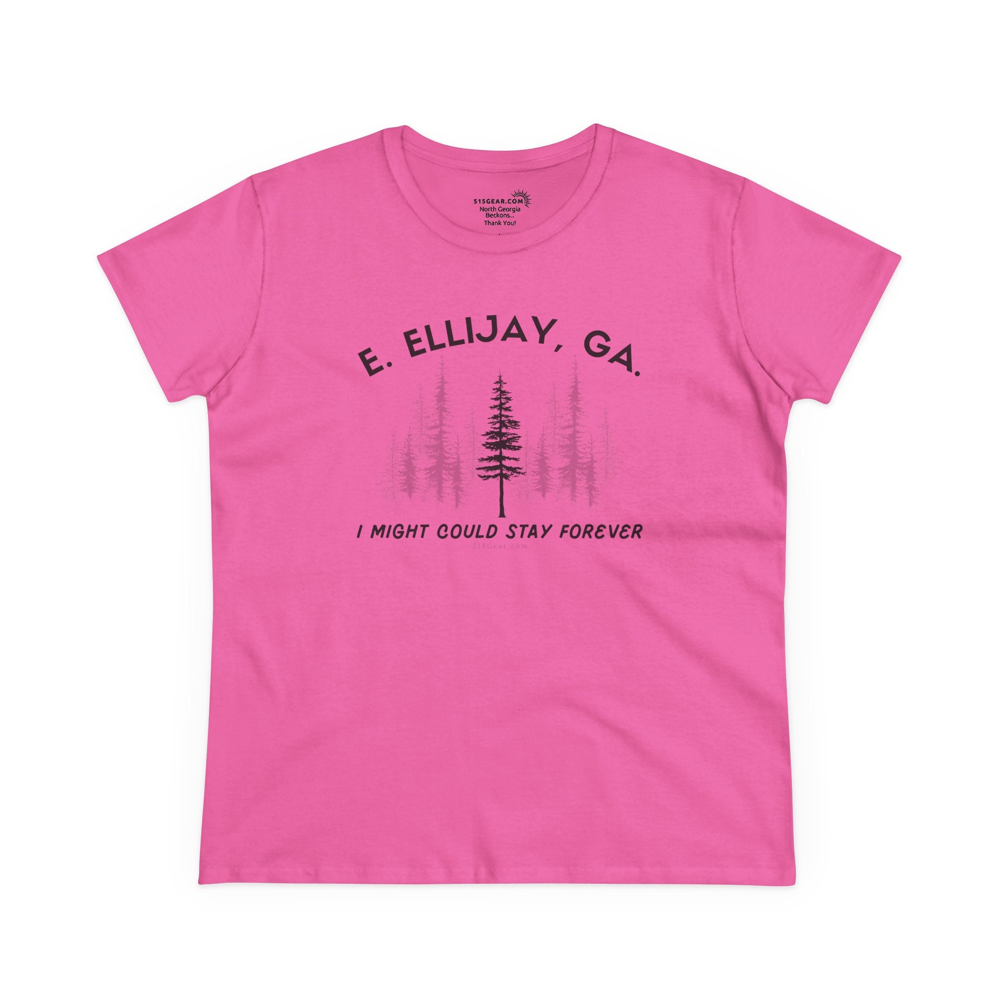 Women's semi-fitted t-shirt by 515 Gear | Ellijay, GA | 'I might could stay forever' forest graphic