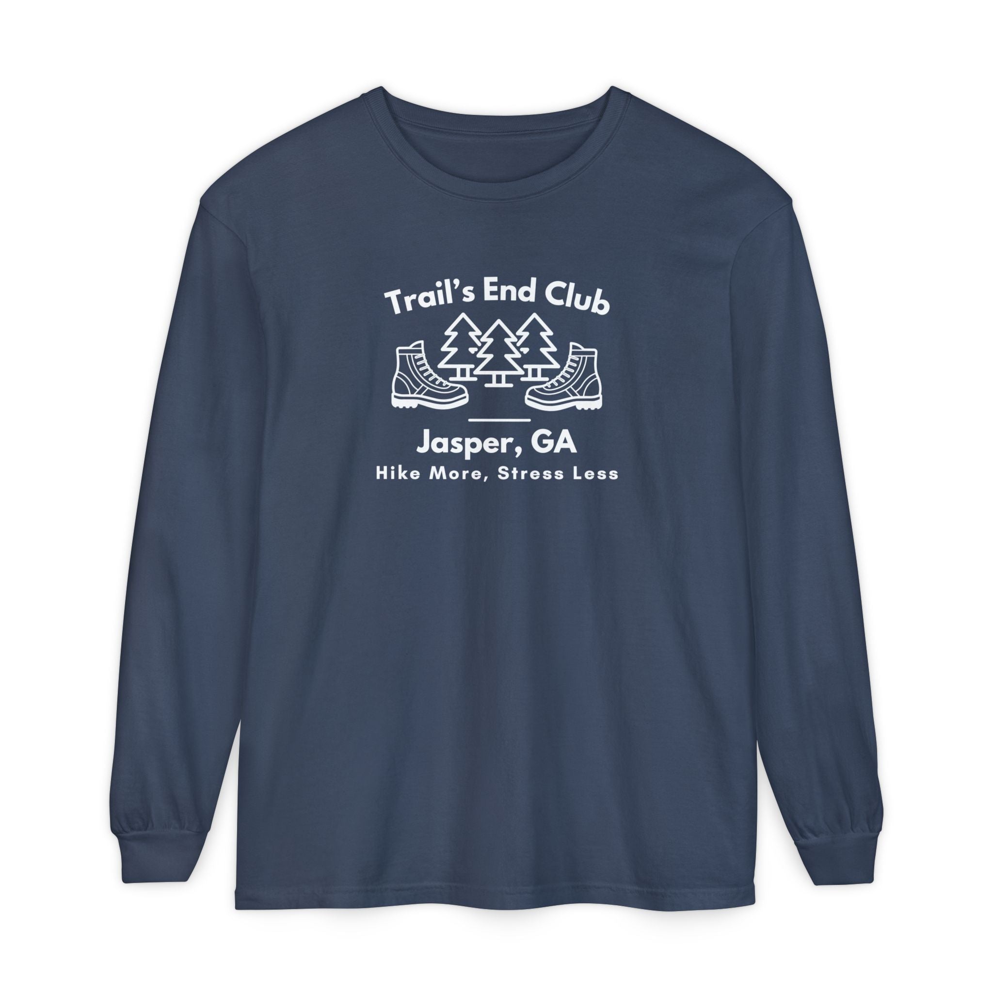 Long sleeve gray t-shirt, 'Trail's End Club' | Jasper, GA | Hike More, Stress Less!
