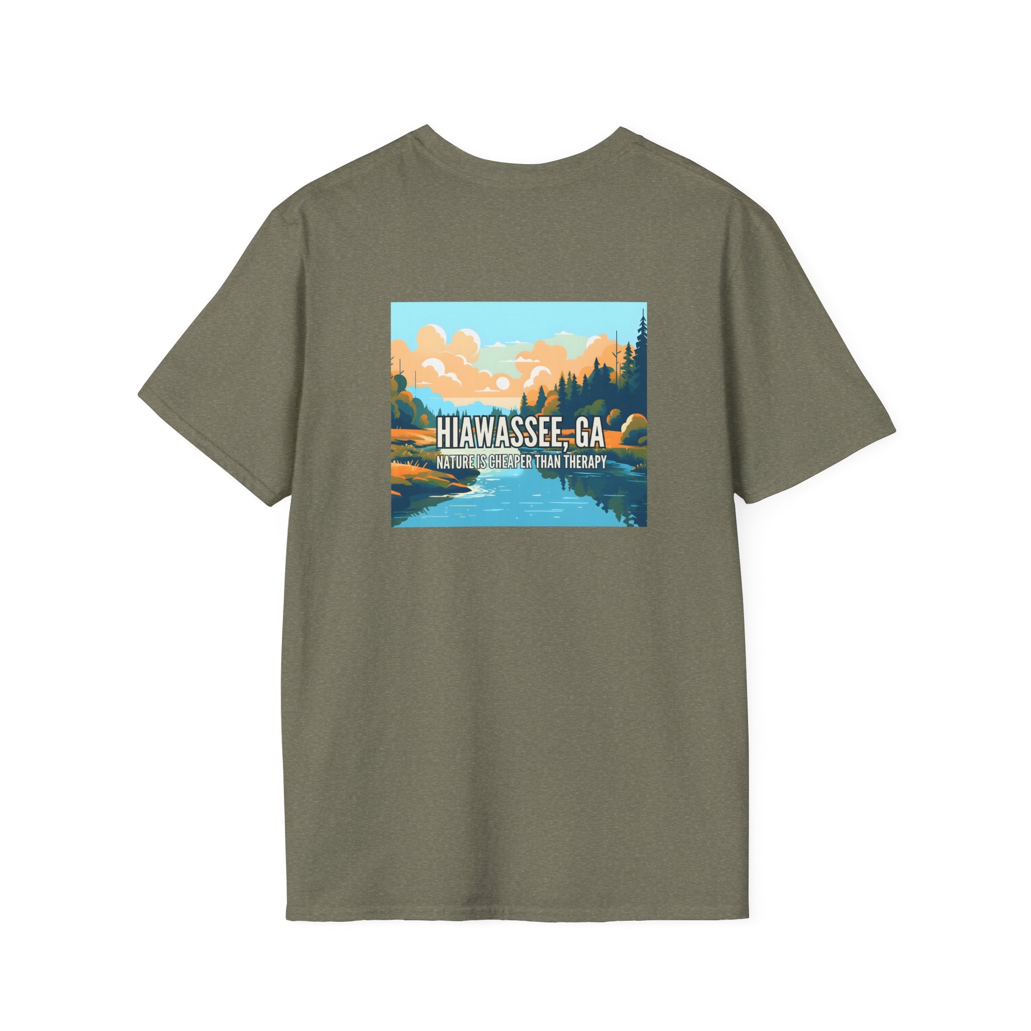unisex adult T-shirt, Mountain Scene Graphic, by 515Gear.com | Hiawassee, GA | Nature is Cheaper than Therapy