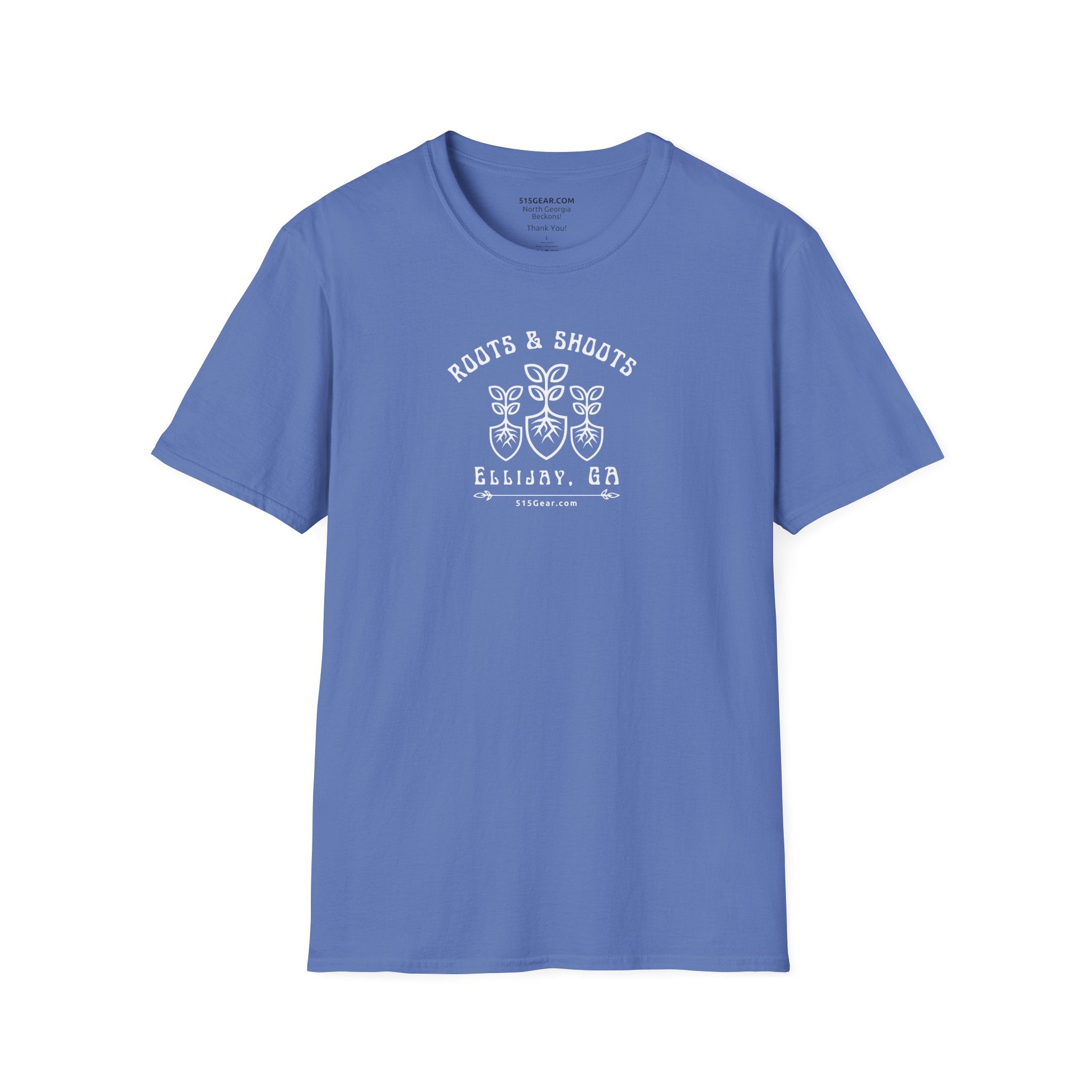 unisex adult T-shirt, Roots & Shoots, Garden shovel root leaf graphic, 515Gear.com | Ellijay, GA | celebrate gardening