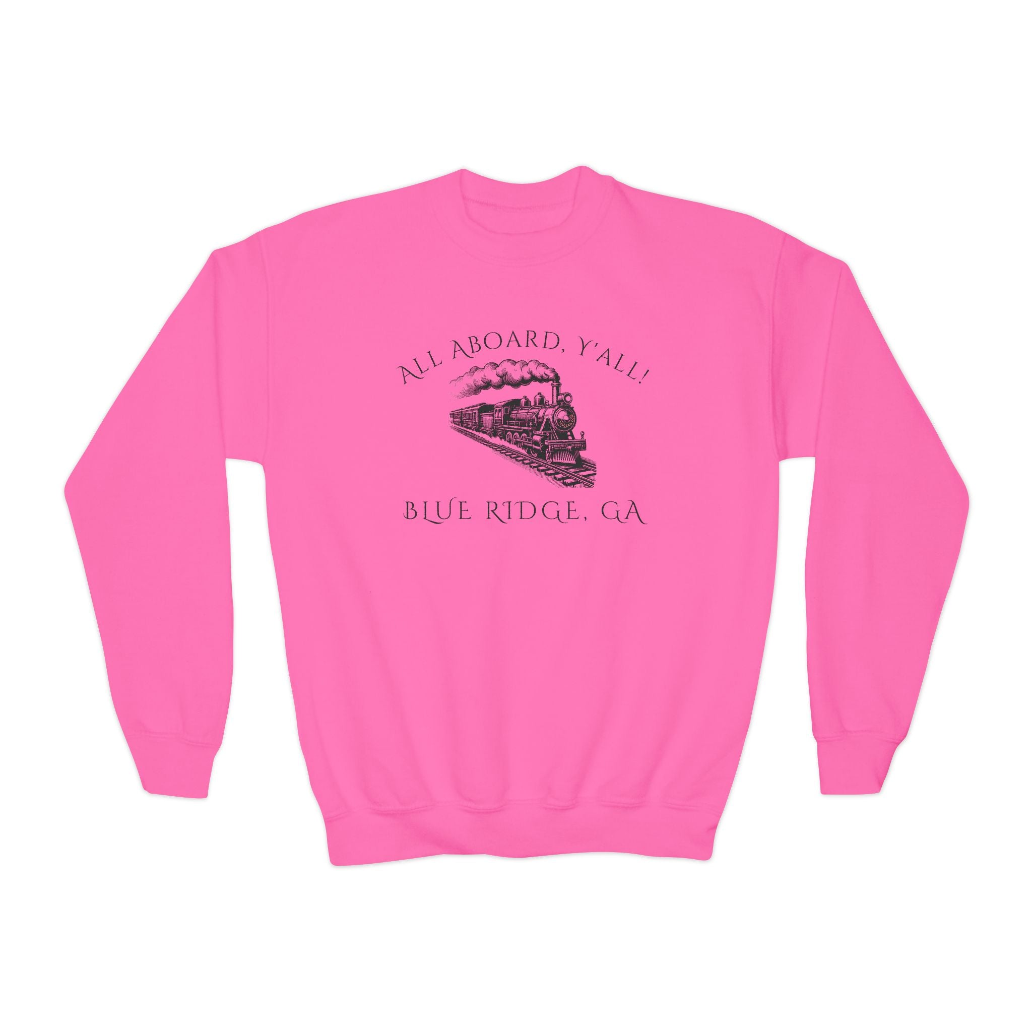 Pink kids sweatshirt with train graphic and text "All Aboard, Y'all - Blue Ridge, GA" by 515Gear.com