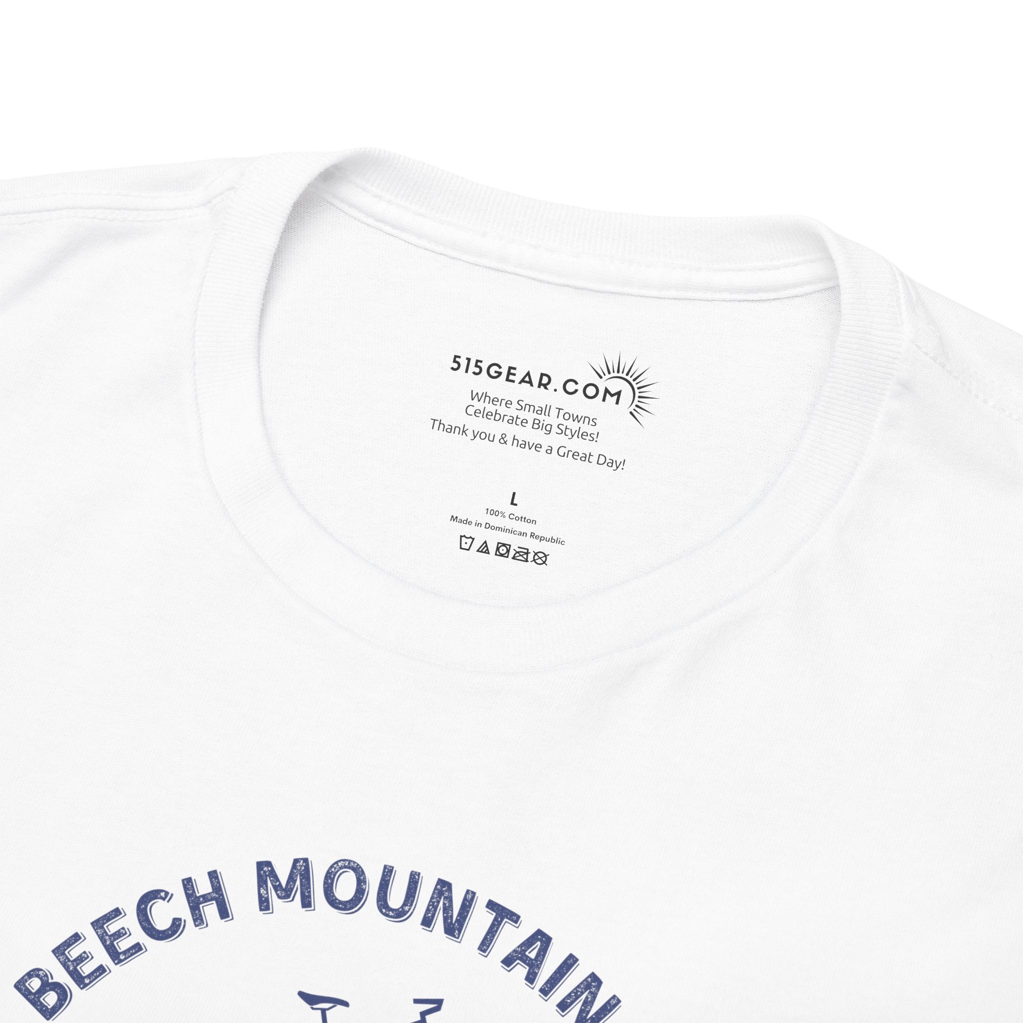 White t-shirt with mountain bike graphic and text "Beech Mountain, NC - Latitude and Longitude" coordinates