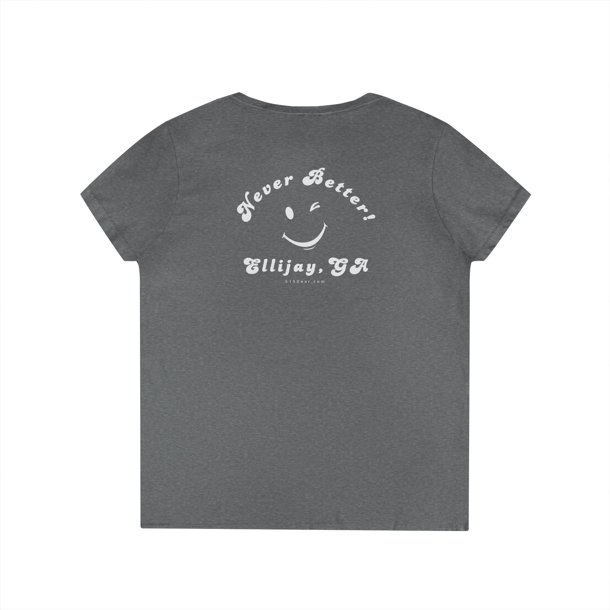 Charcol women's v-neck shirt with a winking smiley face and "never better - Ellijay GA" text on the back by 515Gear.com