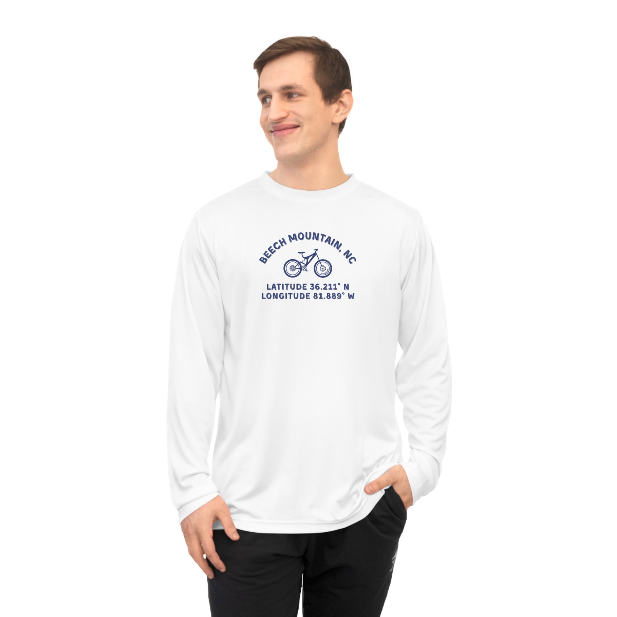 Man wearing a white long-sleeve shirt with mountain bike graphic and text "Beech Mountain, NC - Latitude and Longitude" coordinates
