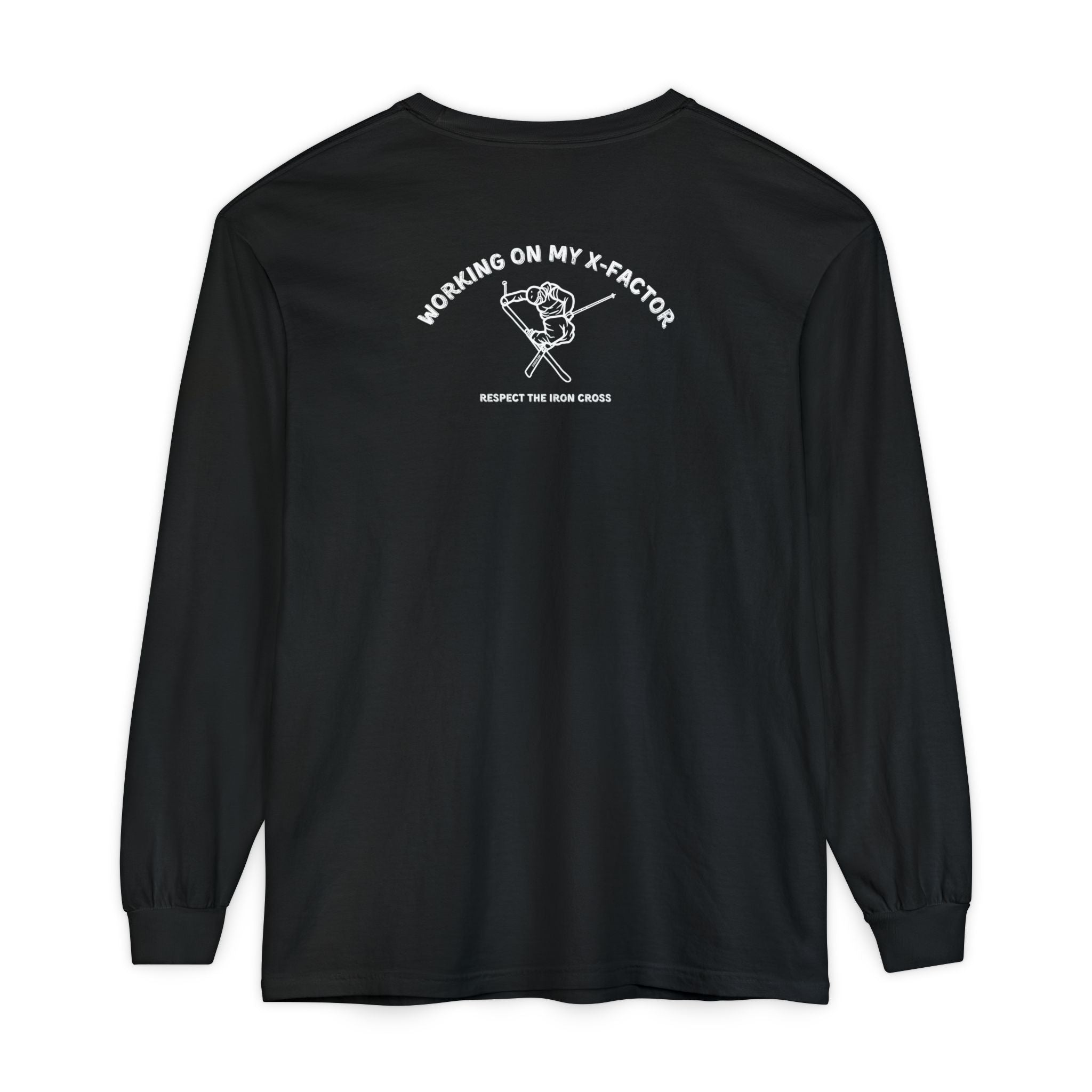Black long-sleeve unisex Comfort Color t-shirt with ski jump graphic and text Working on my X-Factor Respect the Iron Cross