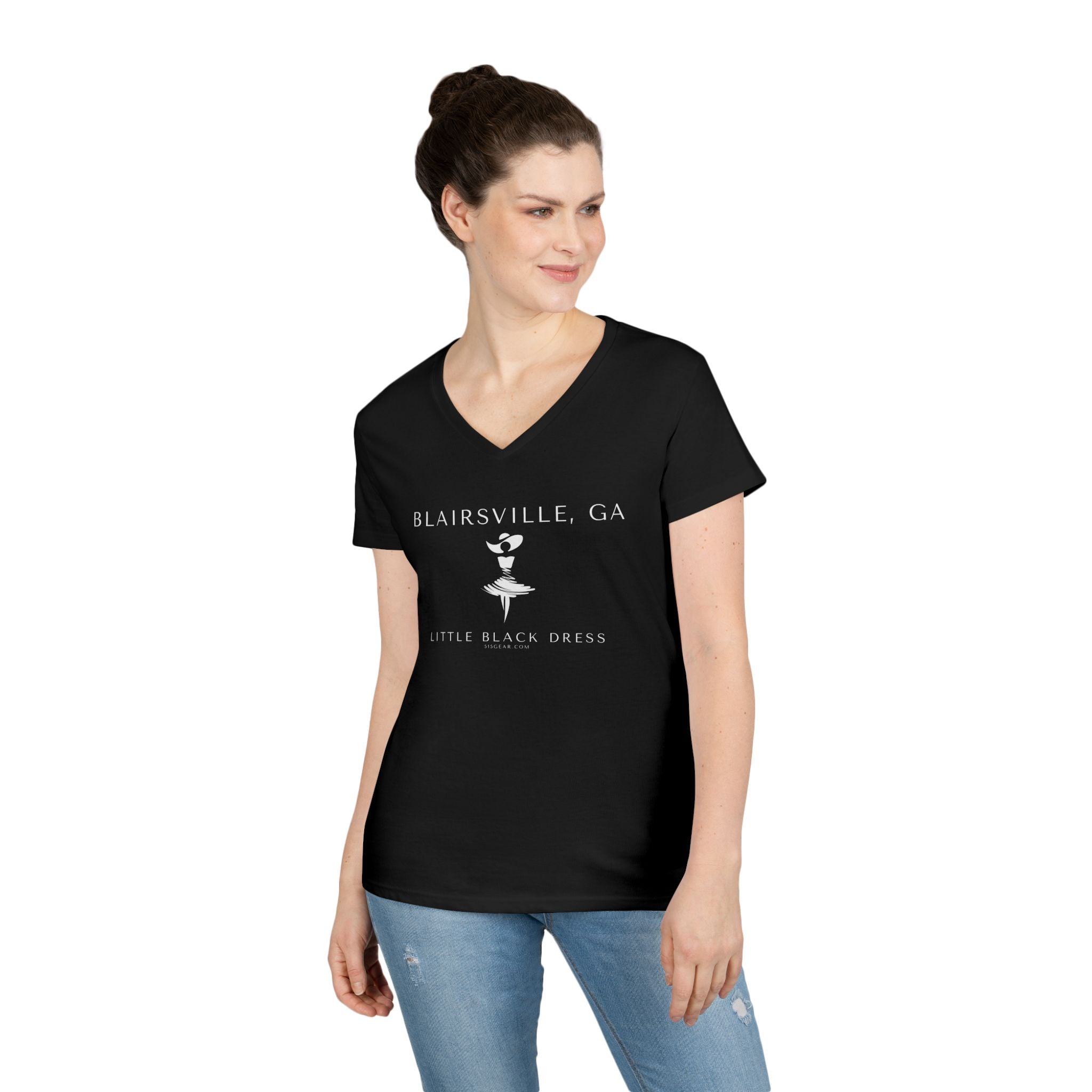 Black v-neck t-shirt with stylish woman in a dress and fancy southern hat and text "Blairsville, GA. - Little Black Dress"