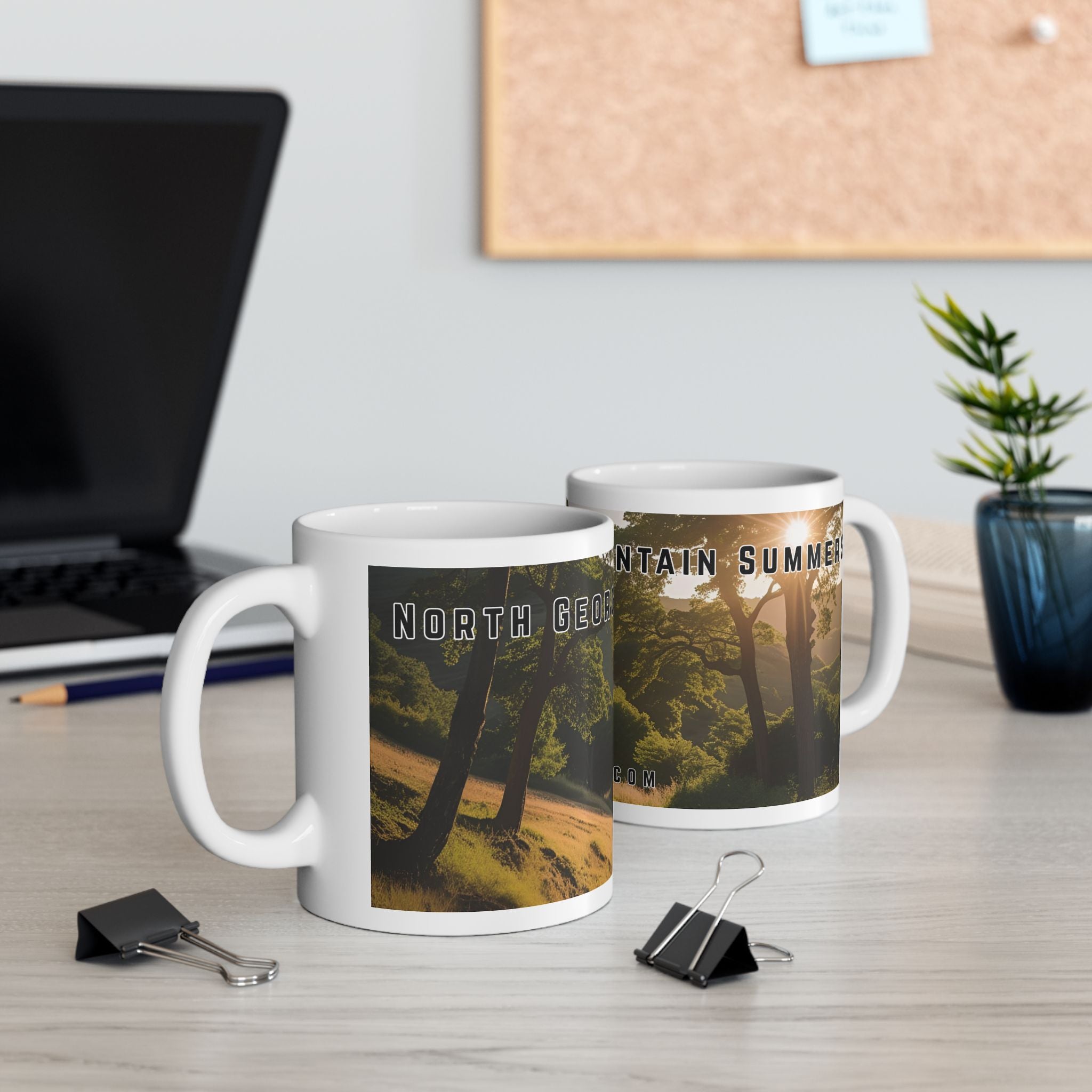 Mug with a vintage scenic design of a rural road at sunrise cutting through the North Georgia Mountains in Summer by 515Gear.com