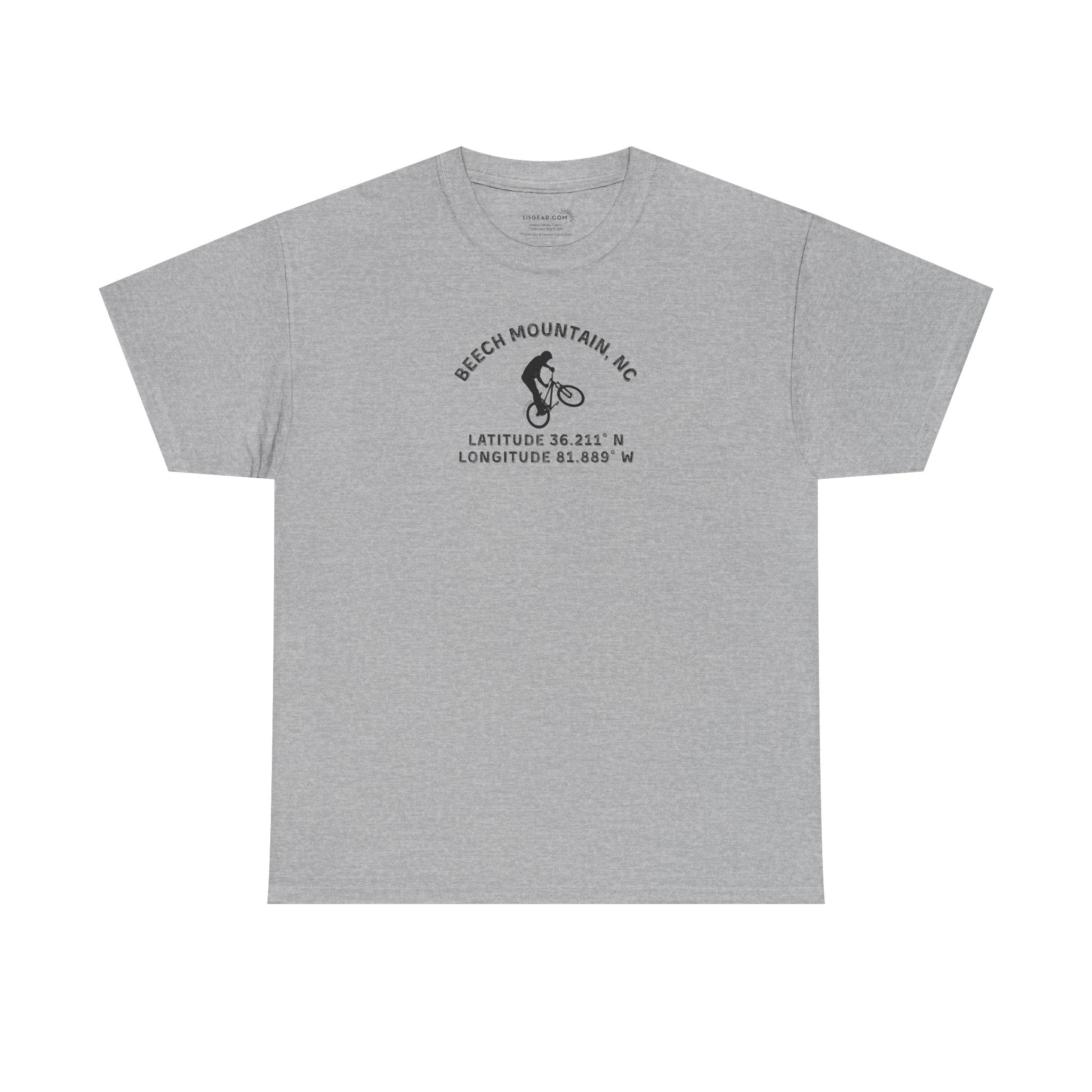 Gray t-shirt with mountain bike graphic and text "Beech Mountain, NC" along with Latitude and Longitude" coordinates