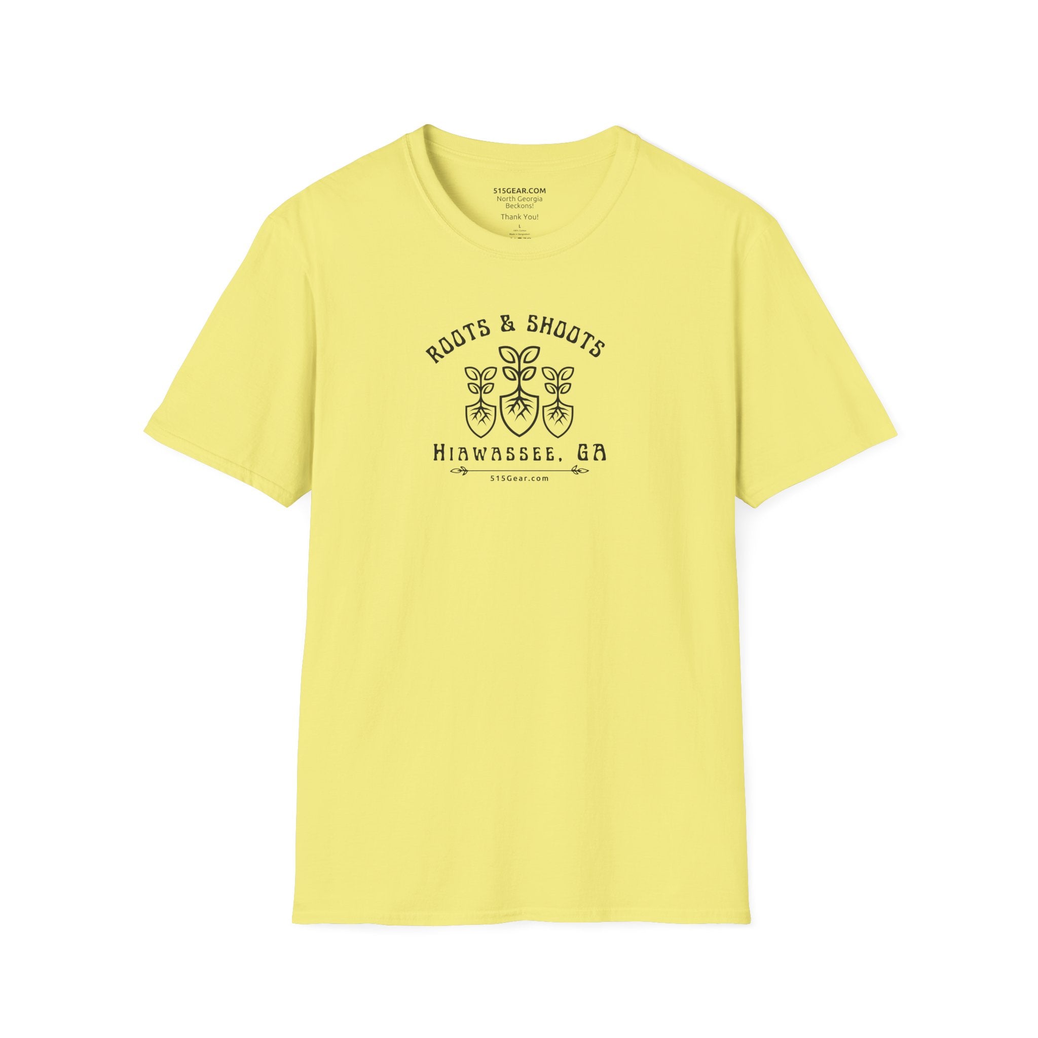 Unisex T-shirt, Roots & Shoots, Garden shovel root leaf graphic, 515Gear.com | Hiawassee, GA | celebrate gardening