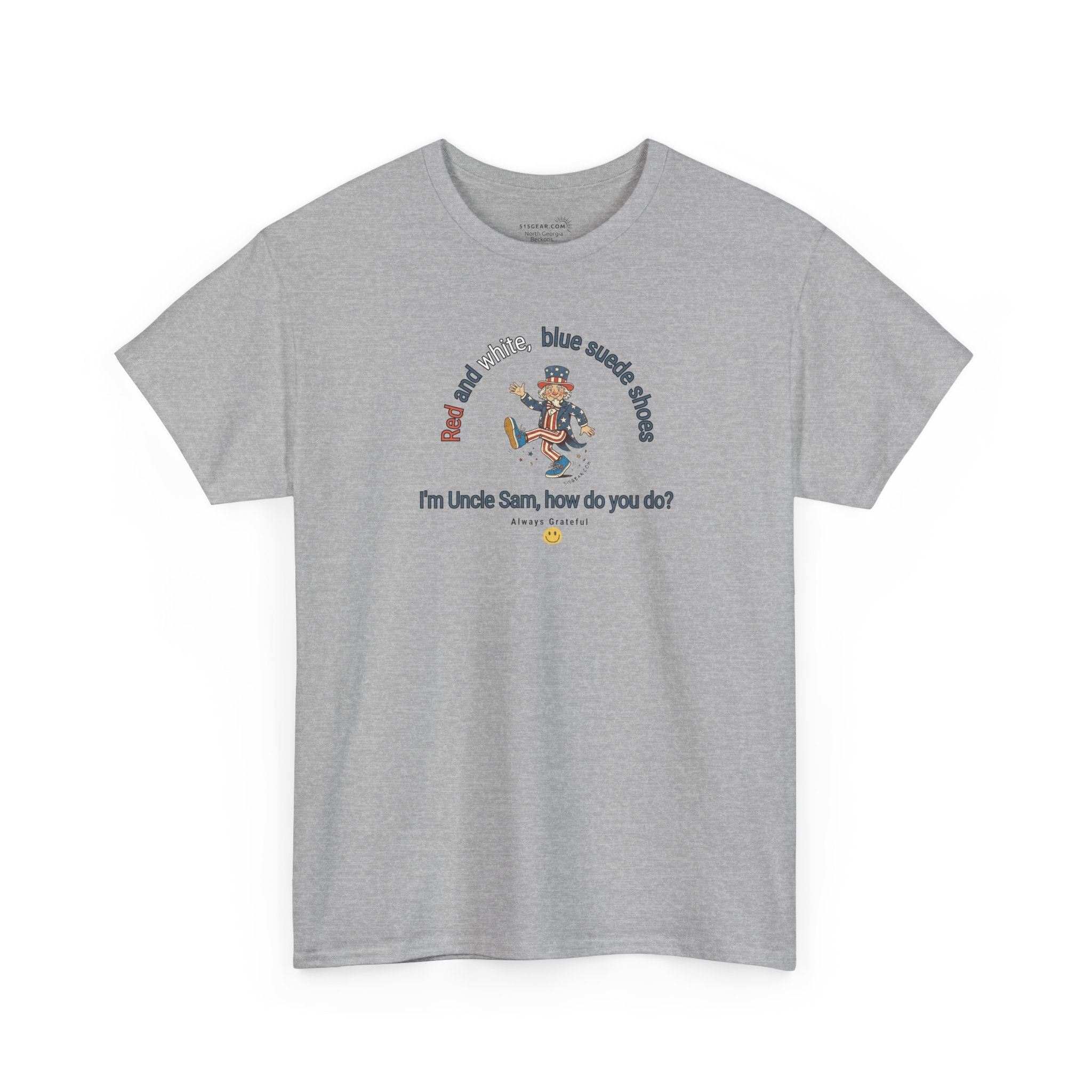 Gray t-shirt with July 4th dancing Uncle Sam and text