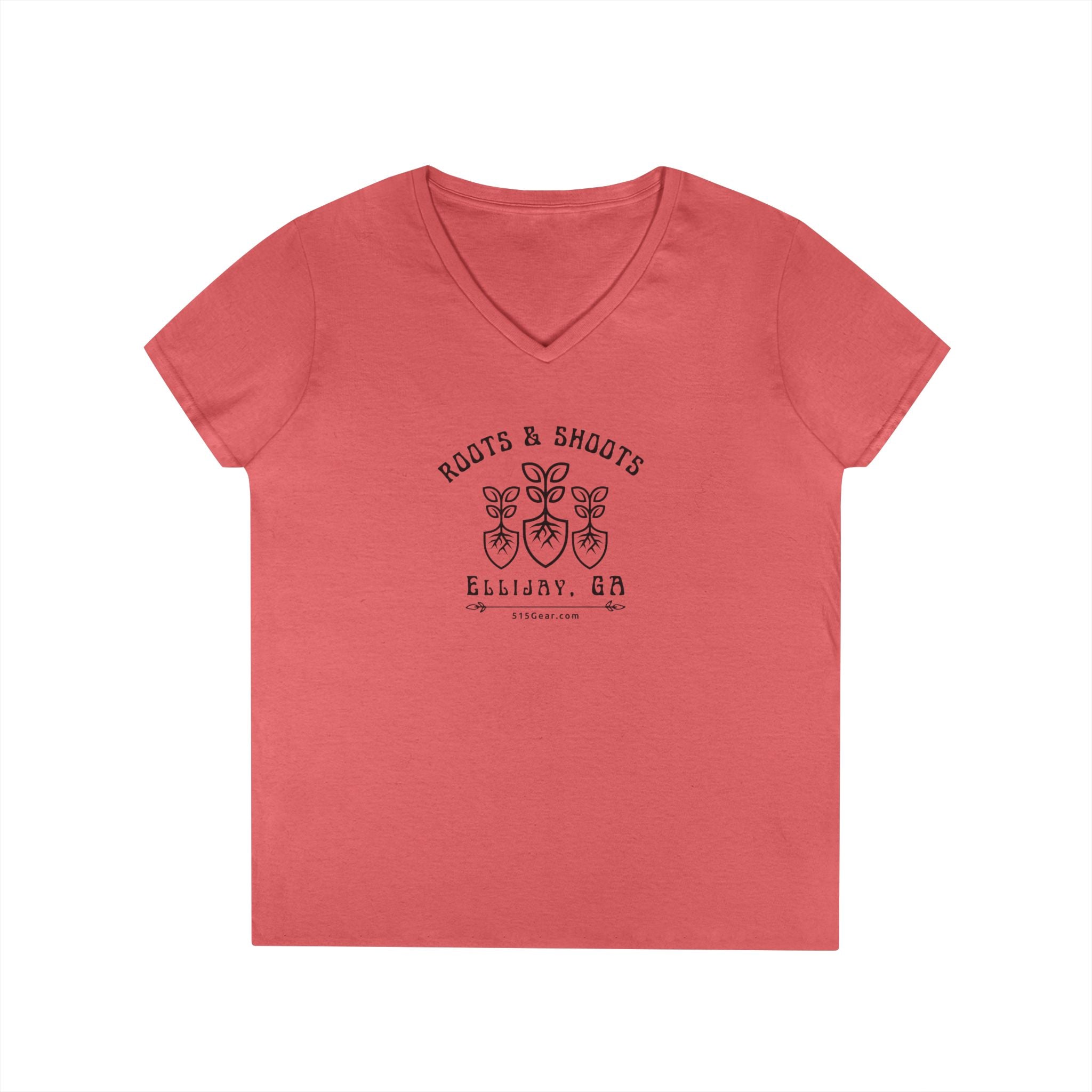 Women’s V-Neck T-shirt, Roots & Shoots, Garden shovel root leaf graphic, 515Gear.com | Ellijay, GA | celebrate gardening