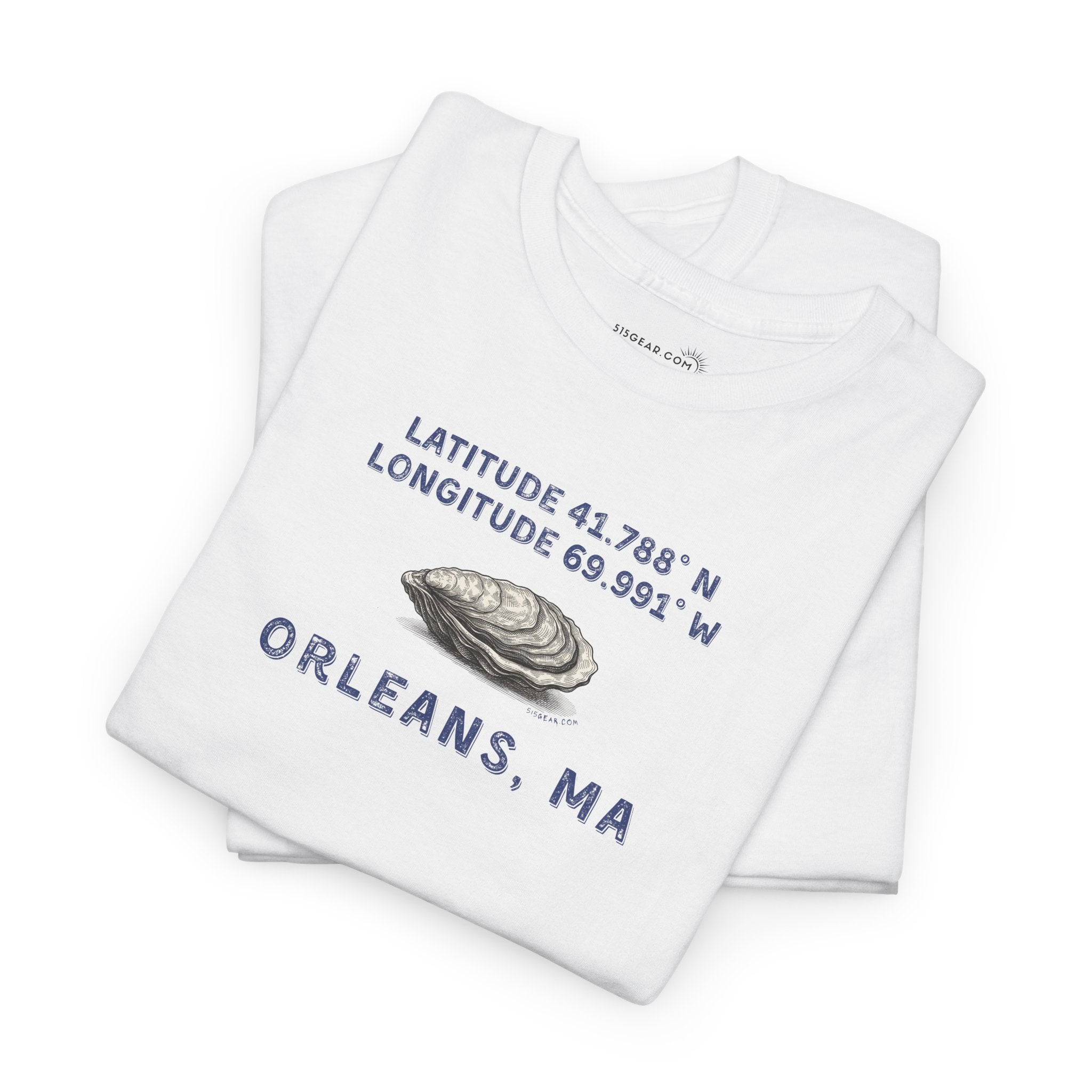 White t-shirt with oyster graphic and rustic Blue text "Latitude 41.788 N, Longitude 69.991 W - Orleans, MA"