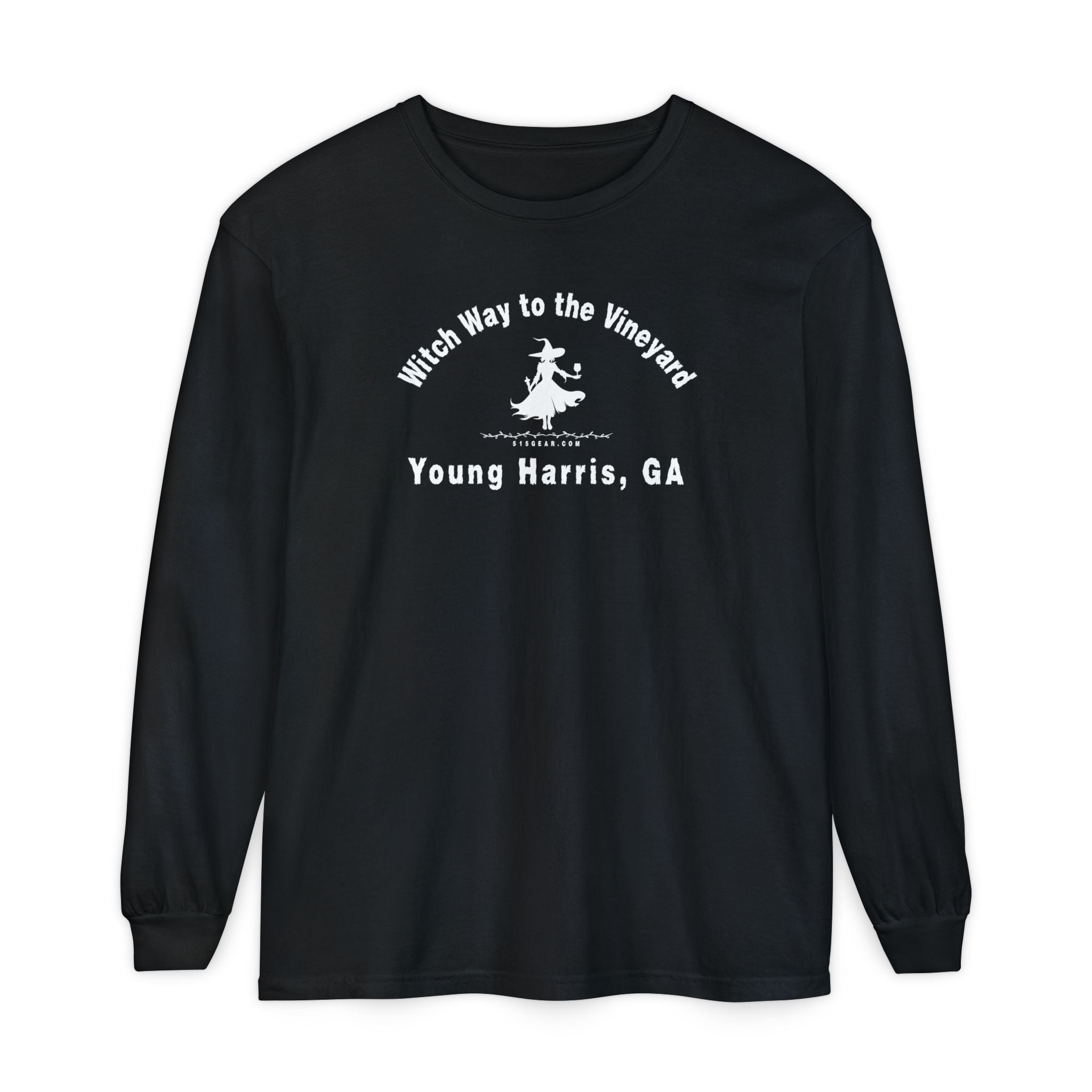 Black long sleeve t-shirt with sassy witch graphic holding a glass of wine and text "Witch Way to the Vineyard - Young Harris GA" by 515Gear.com