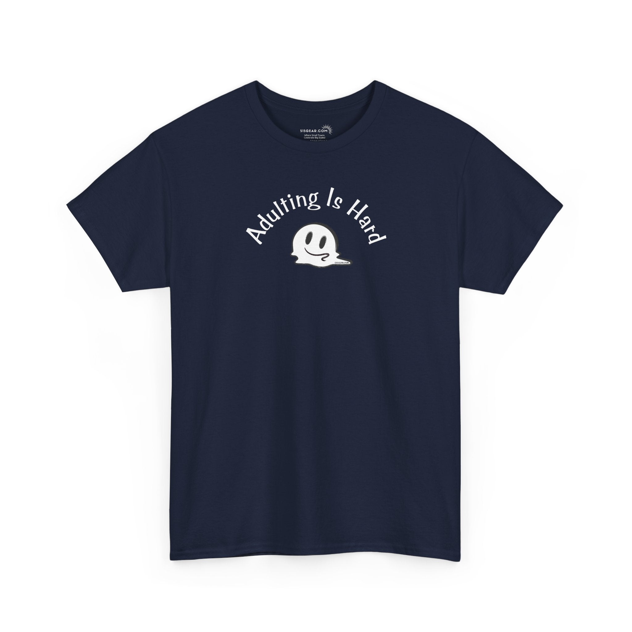Navy blue Gildan Unisex 100% Heavy Cotton soft t-shirt, with smiley face graphic and text "Adulting is Hard"