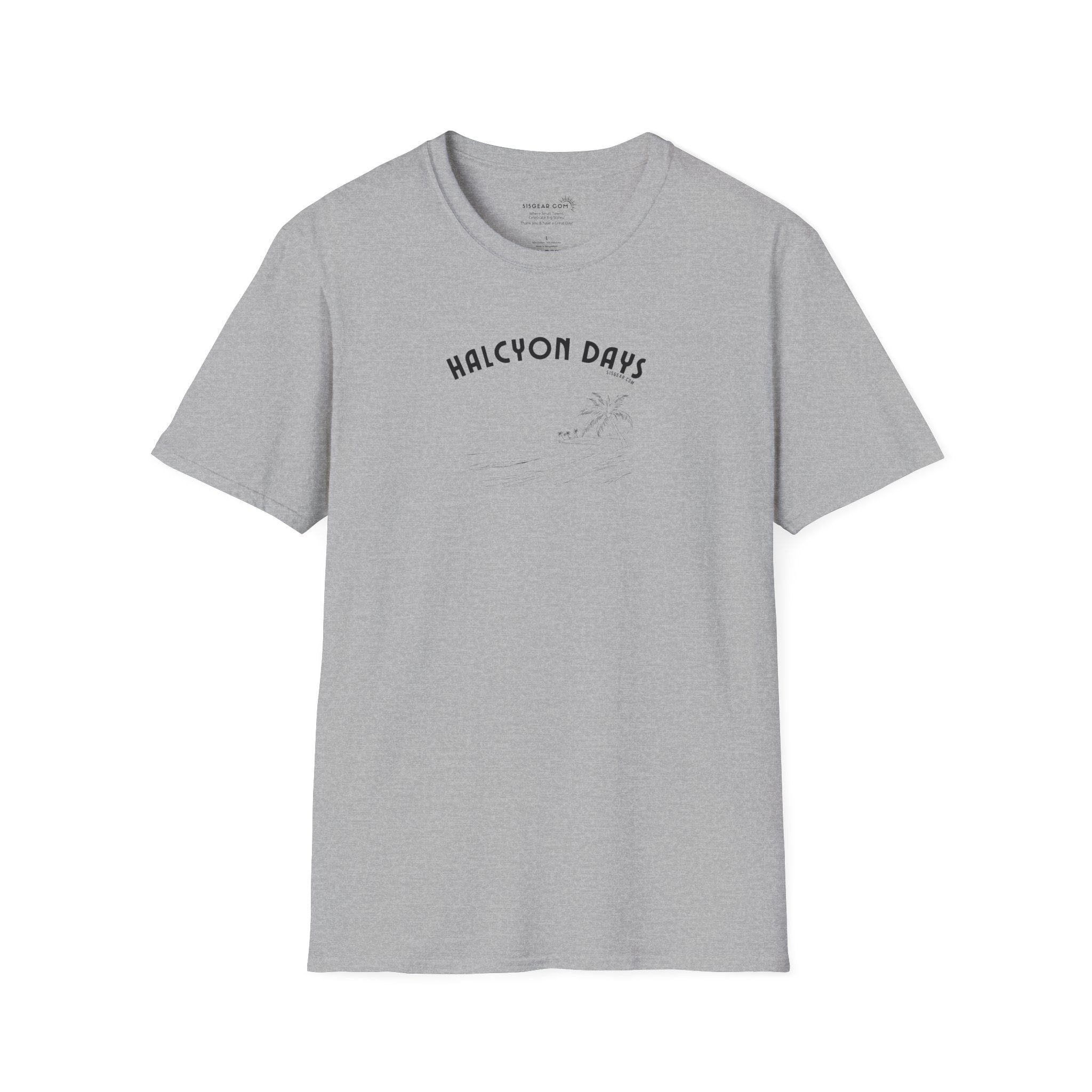 Gray unisex t-shirt with 'Halcyon Days' text and palm tree beach graphic