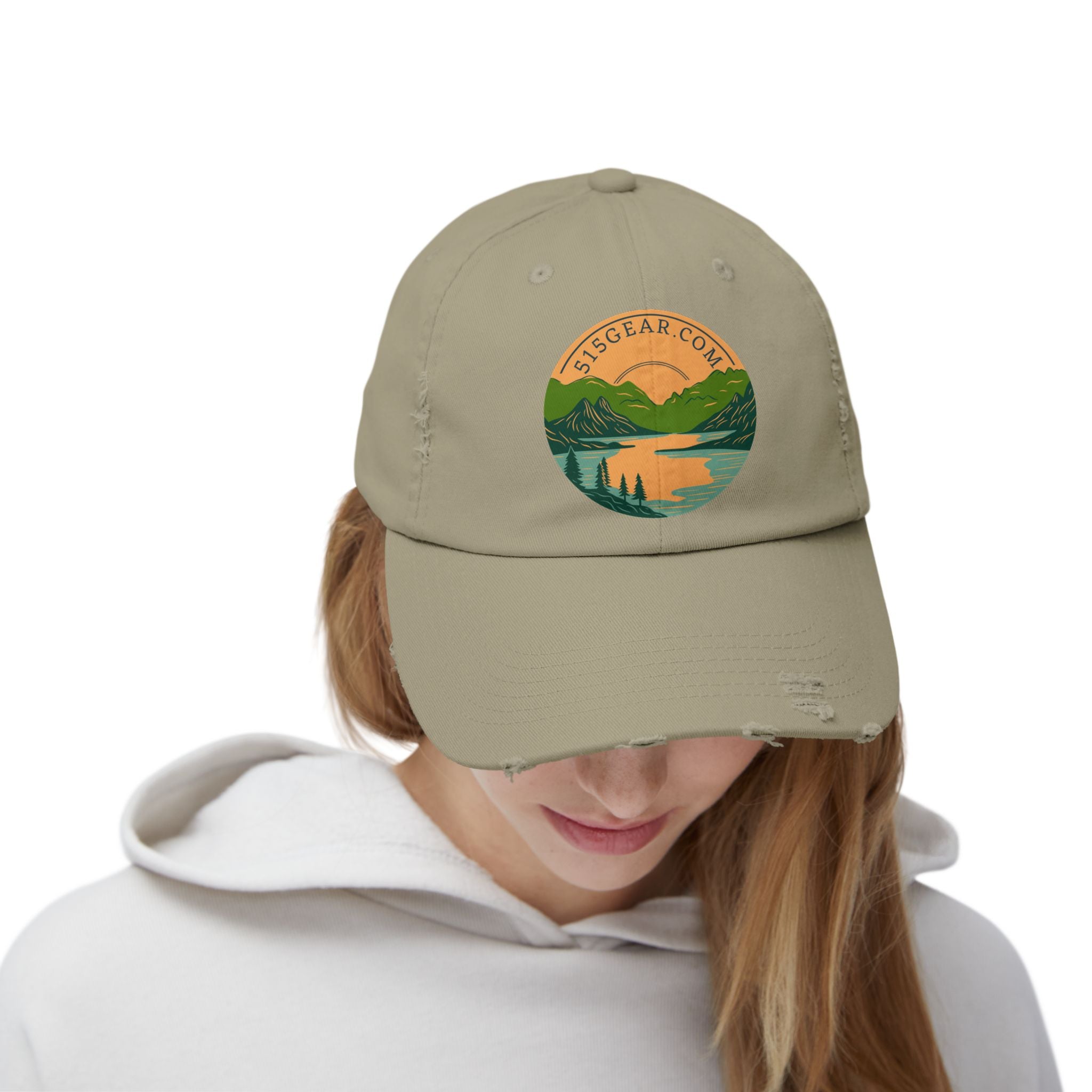 Distressed Baseball cap, 515 Gear Adventure Awaits Logo | by 515Gear.com | Come sit by the lake!