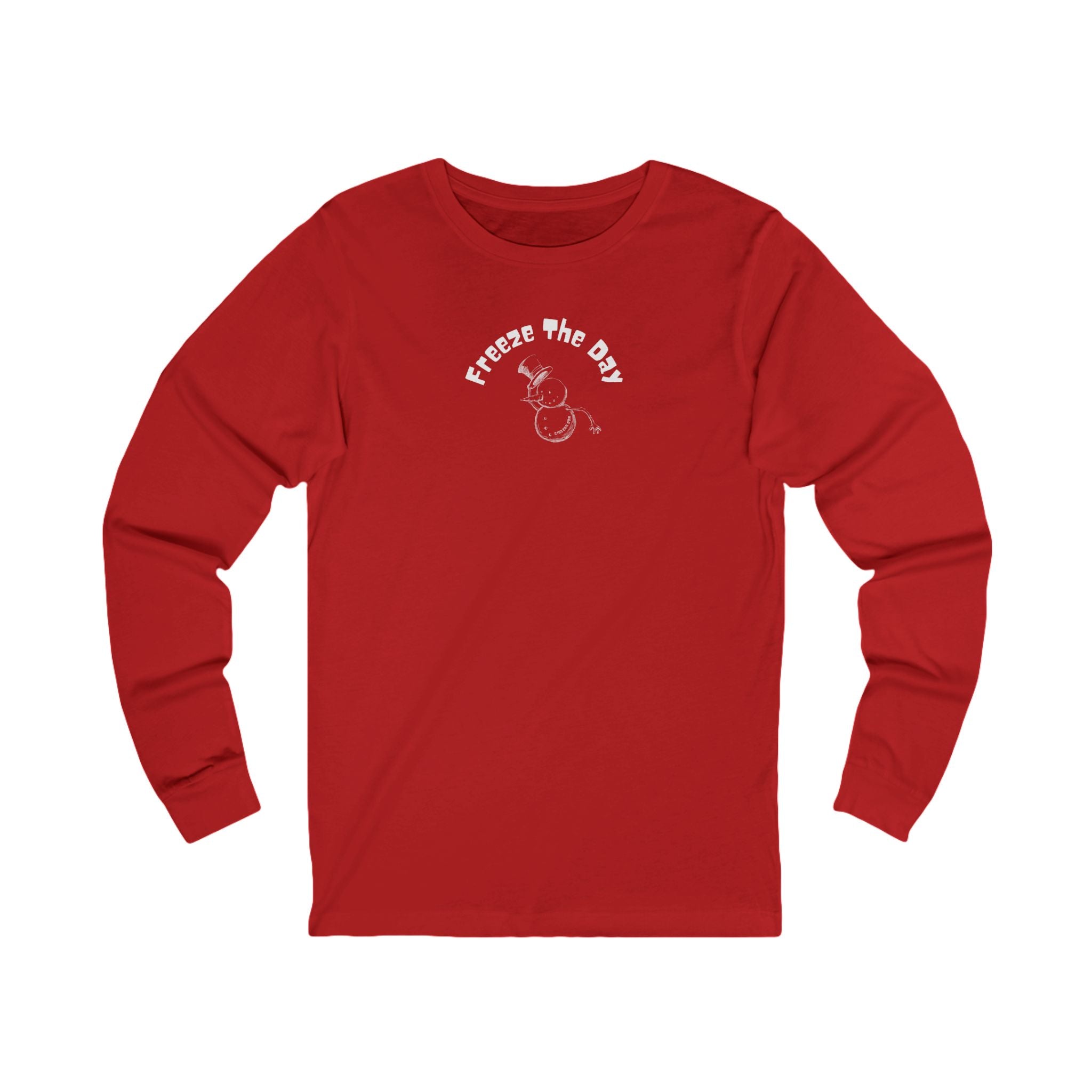 Red long-sleeve shirt with a snowman tipping a hat and text "Freeze the Day" by 515Gear.com