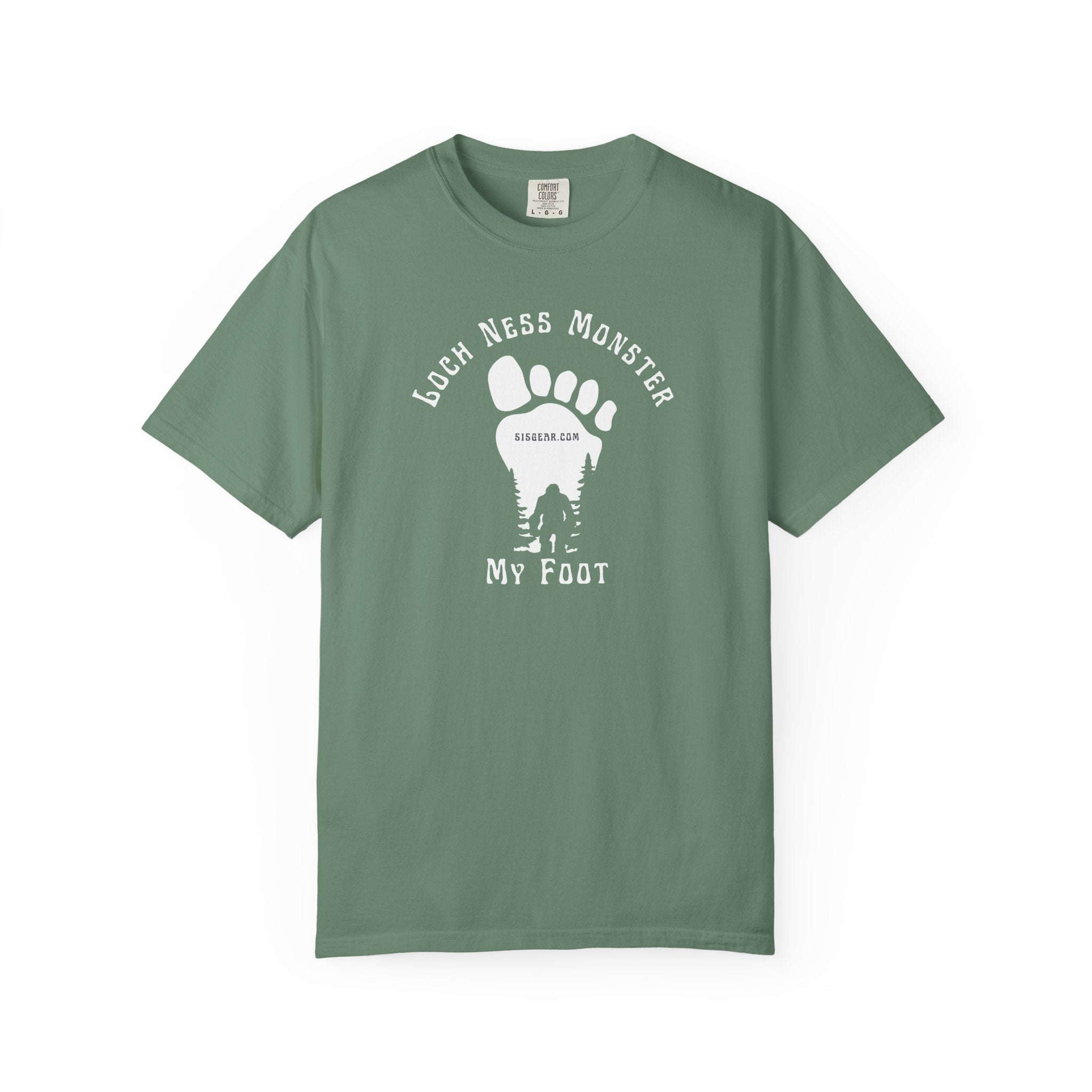 Comfort Colors green t-shirt with black graphic of a foot with Big Foot inside and text "Loch Ness Monster My Foot" by 515Gear.com