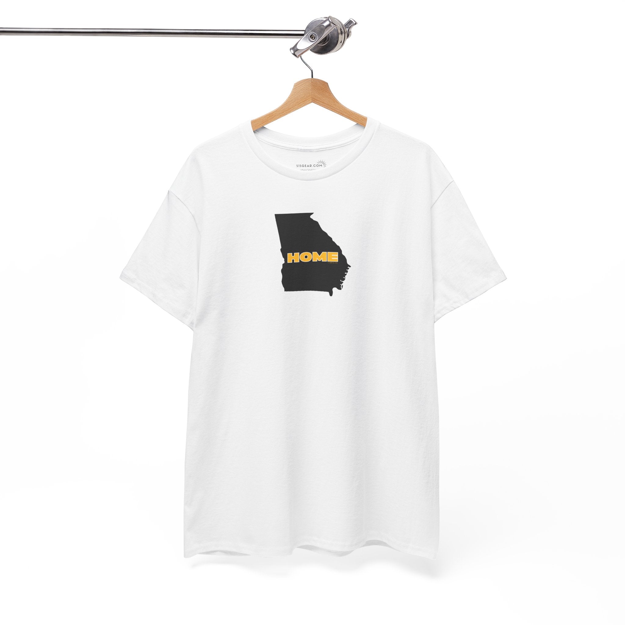 White t-shirt t-shirt with State of Georgia graphic and text 'HOME' in school colors