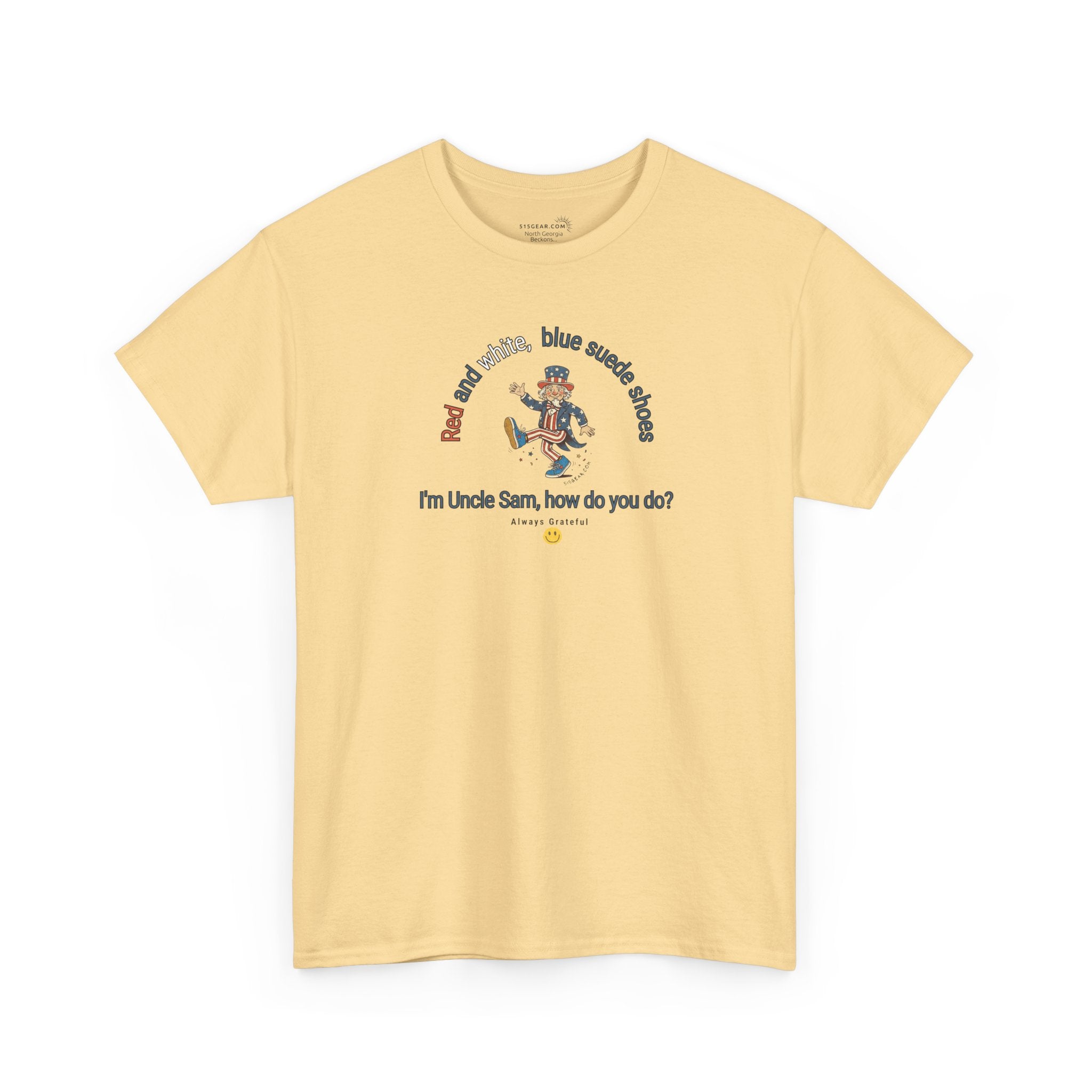 Yellow t-shirt with July 4th dancing Uncle Sam and text