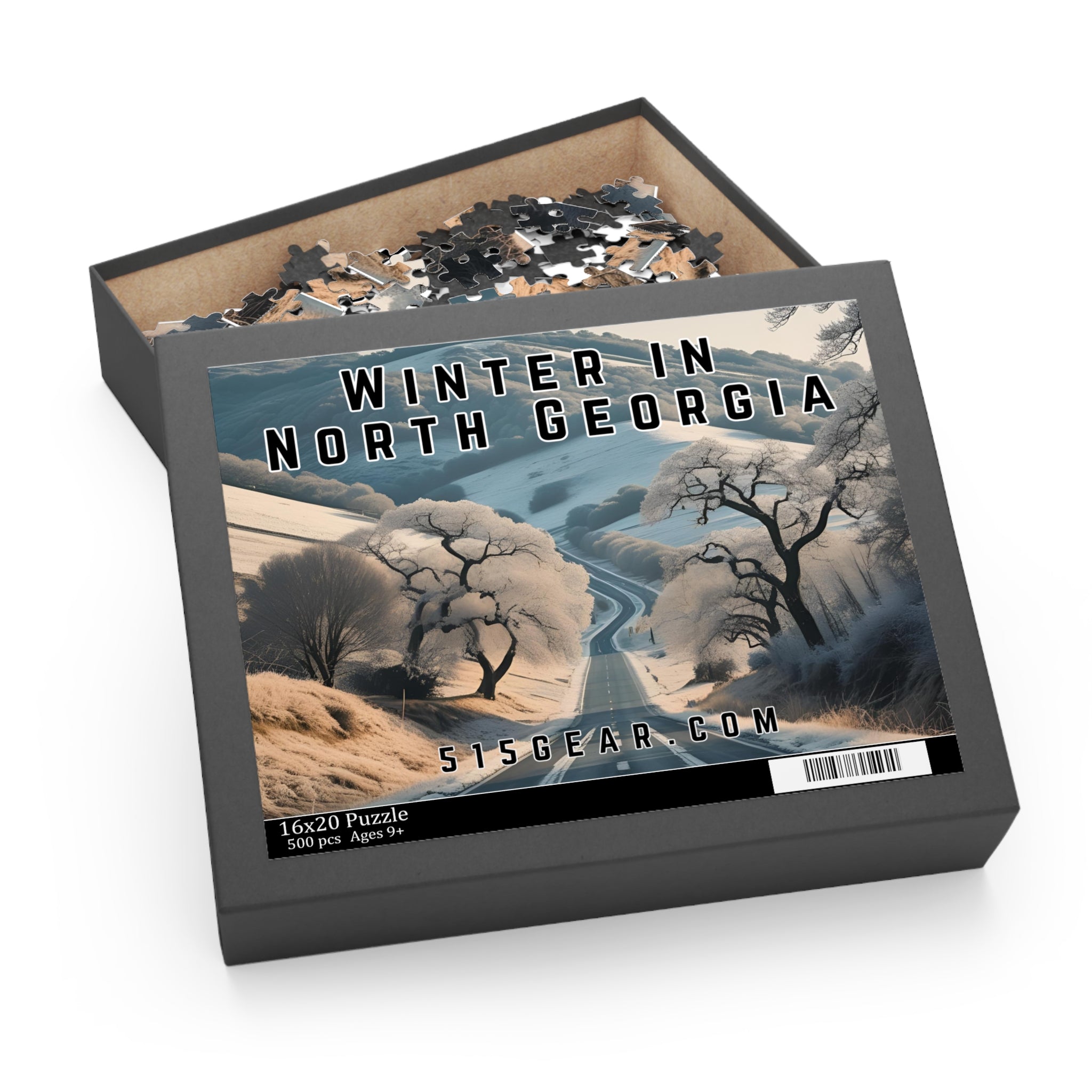 Wintery landscape puzzle with snow-covered trees and a road, text overlay 'Winter in North Georgia' and website '515GEAR.COM'.