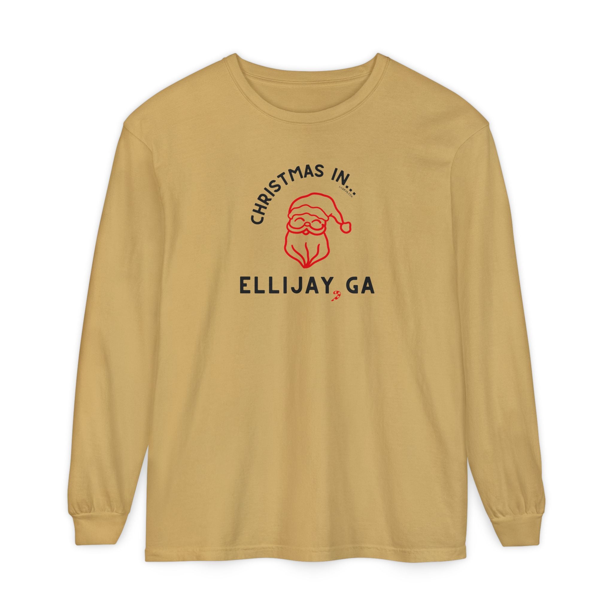 Mustard comfort colors long-sleeve shirt with happy Santa graphic and text "Christmas in... Ellijay, GA"