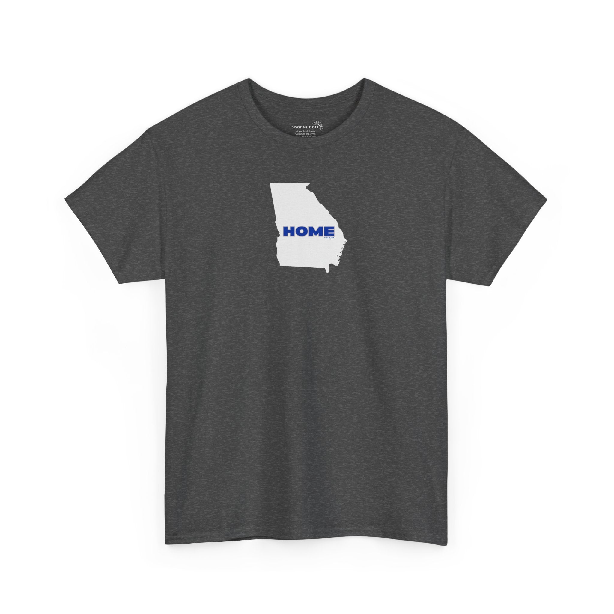 Gray Unisex Heavy Cotton Tee, 100% cotton with State of Georgia graphic and text "HOME" in college colors (Georgia State University)