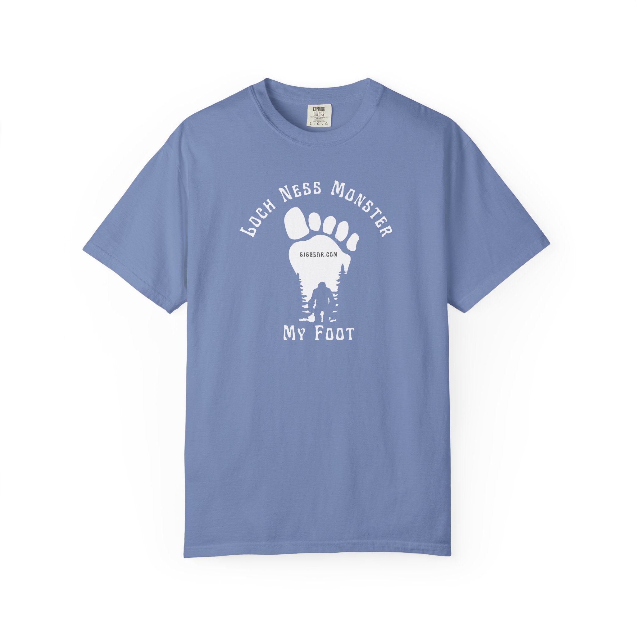 Comfort Colors blue t-shirt with black graphic of a foot with Big Foot inside and text "Loch Ness Monster My Foot" by 515Gear.com