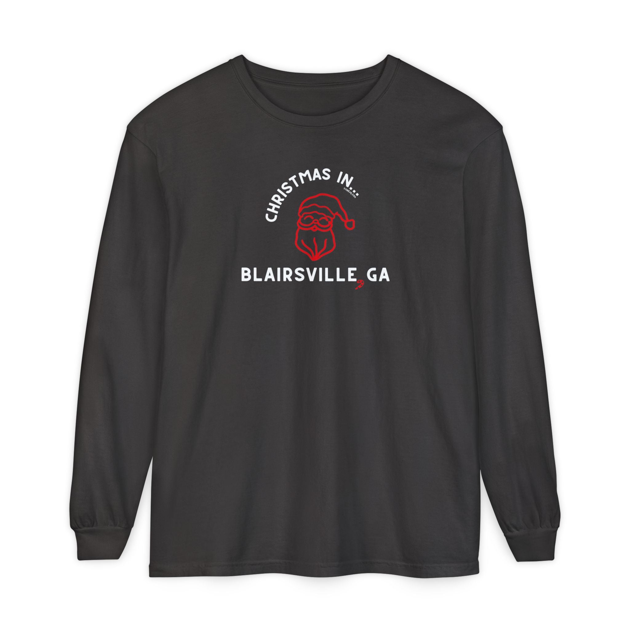 Black heather long-sleeve Comfort Colors t-shirt with Santa graphic and text "Christmas in Blairsville, GA"
