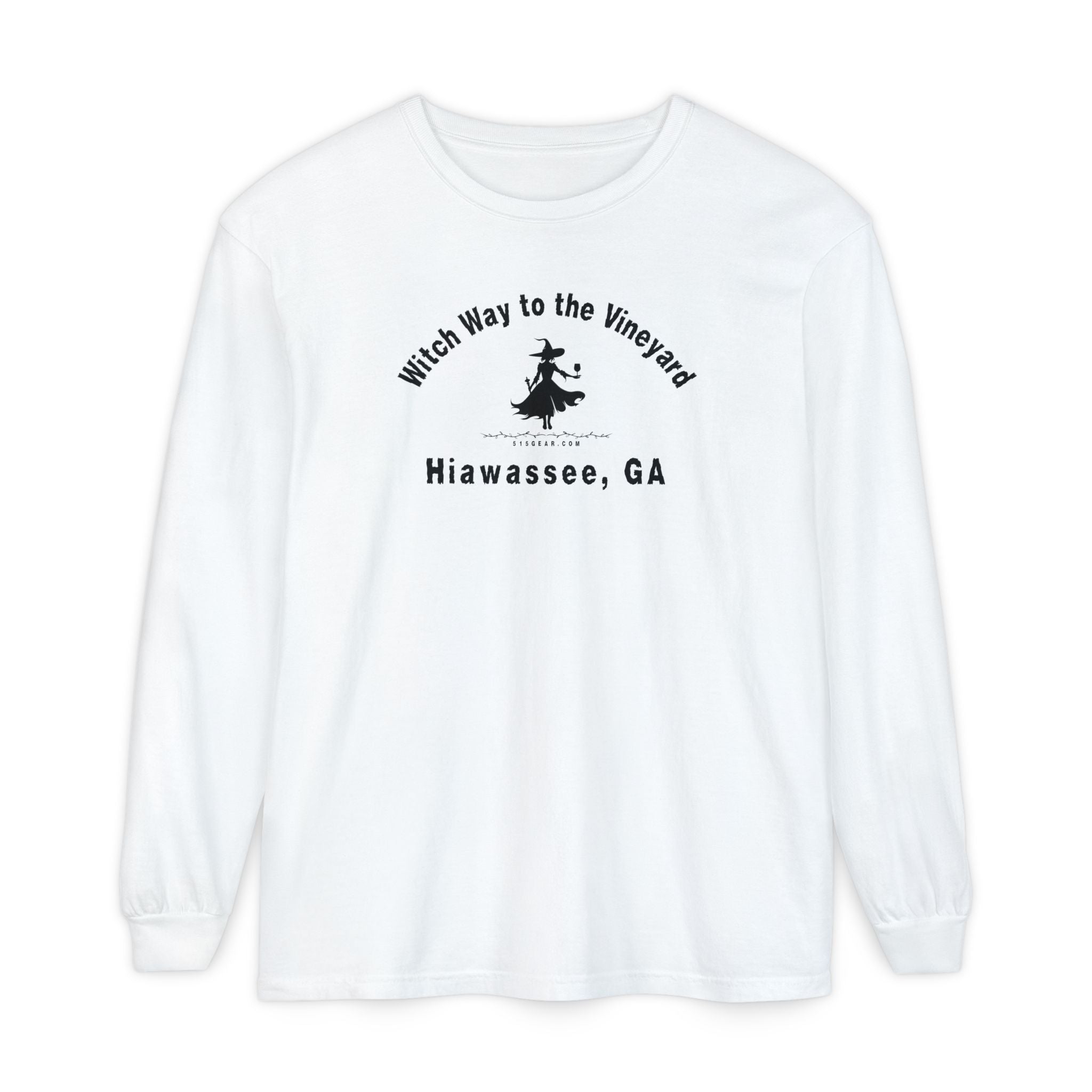 White unisex long sleeve t-shirt with sassy witch graphic holding a glass of wine and text "Witch Way to the Vineyard - Hiawassee GA" by 515Gear.com