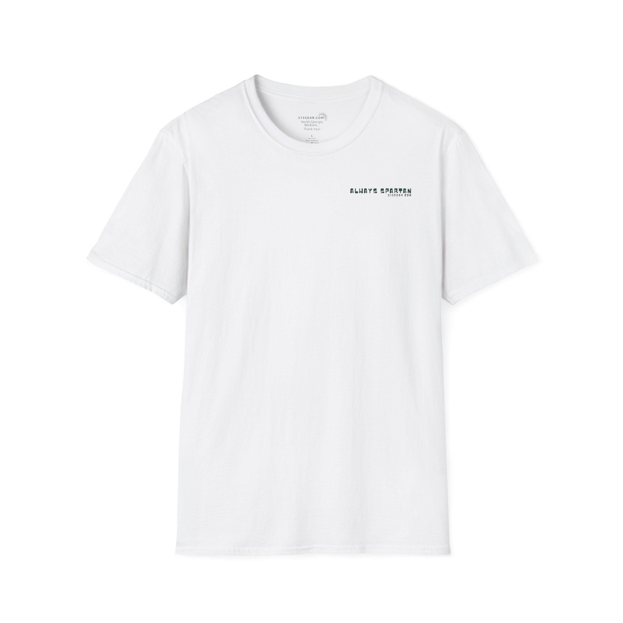 White t-shirt with cartoon Sparty peeing with text Always Spartan