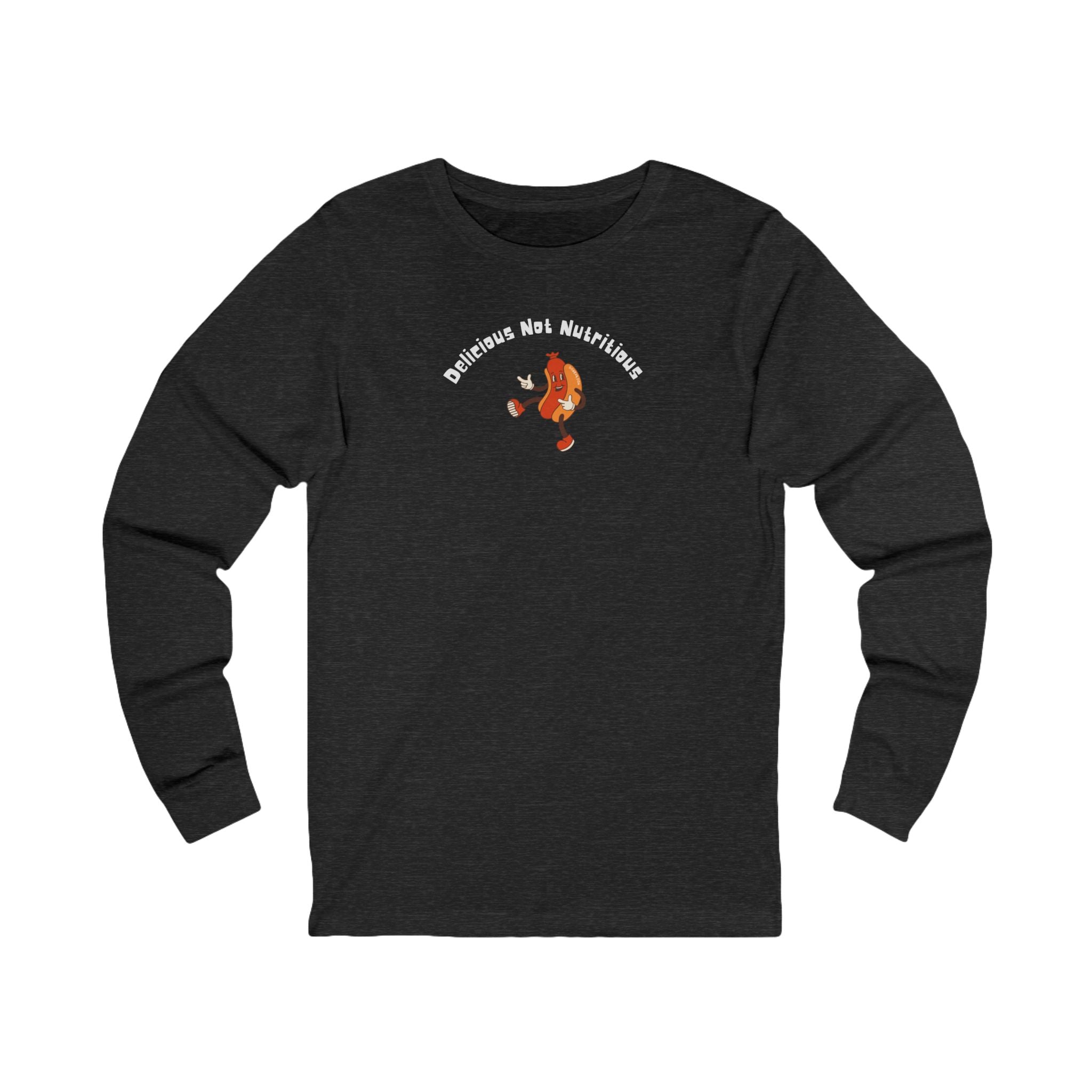 Black long-sleeve shirt with a hotdog graphic and text "Delicious Not Nutritious"