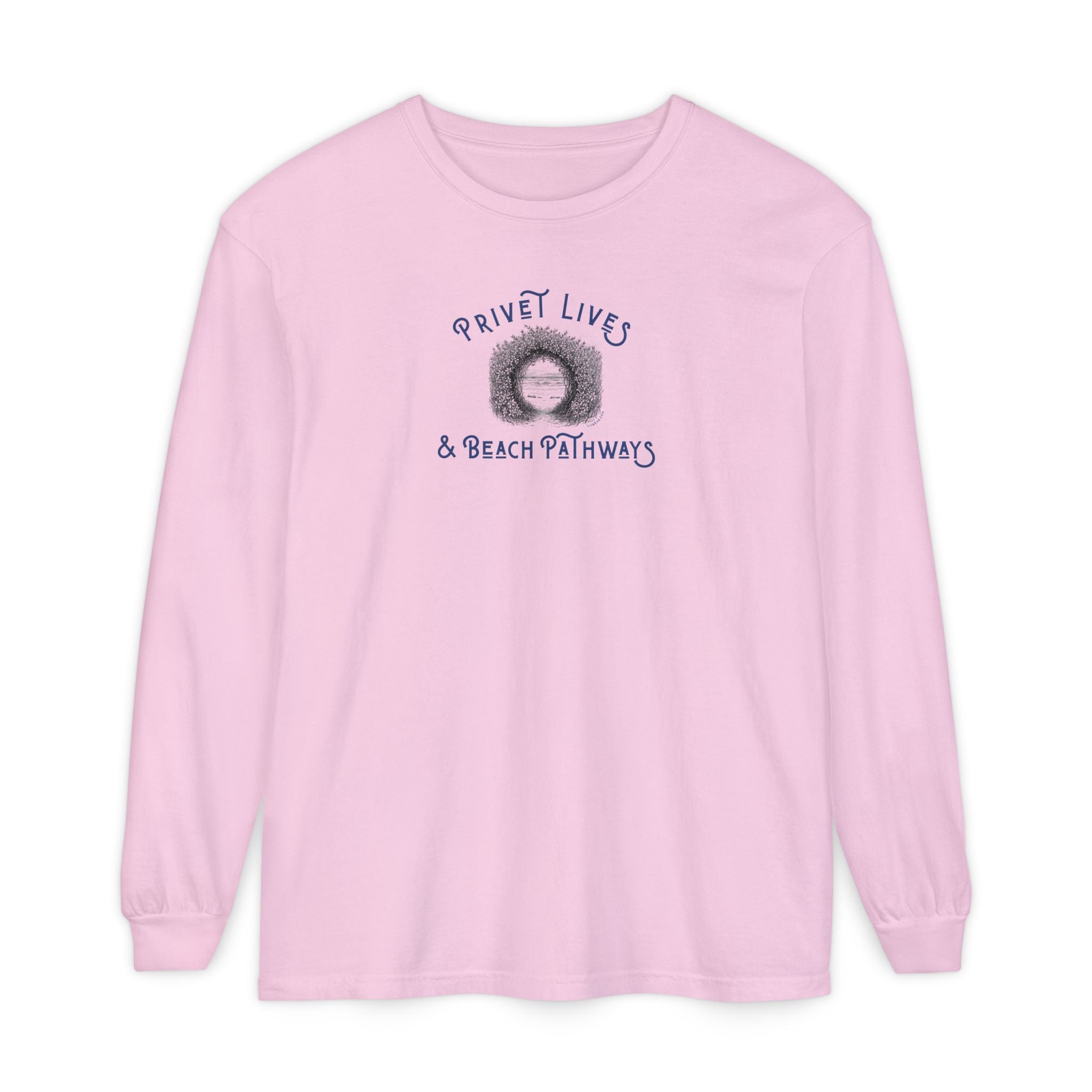 Pink unisex Comfort Colors® long‑sleeve tee with beach graphic and text "Privet Lives & Beach Pathways"