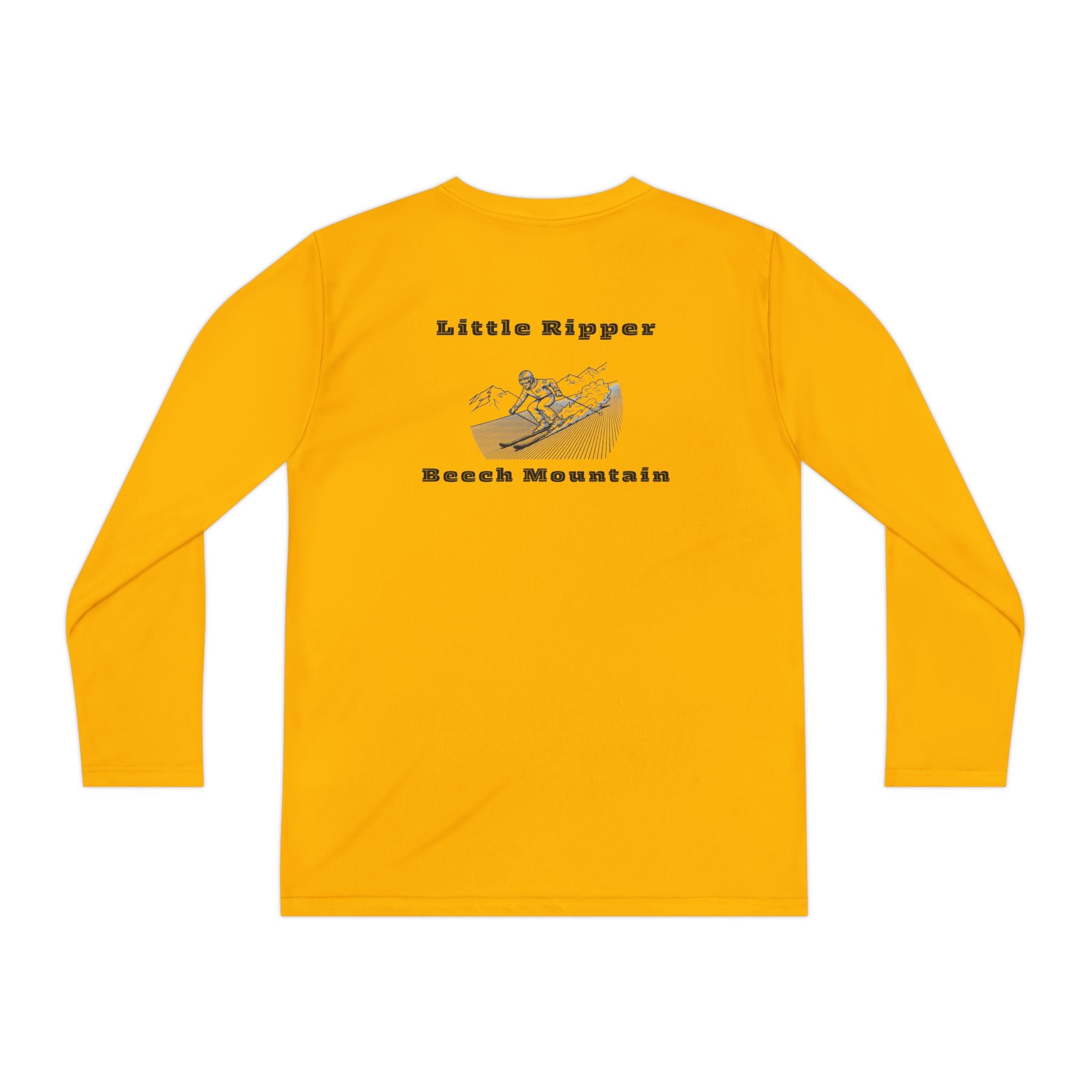 Yellow long-sleeve performance tee with text "Little Ripper - Beech Mountain" with Skier shredding graphic on the back