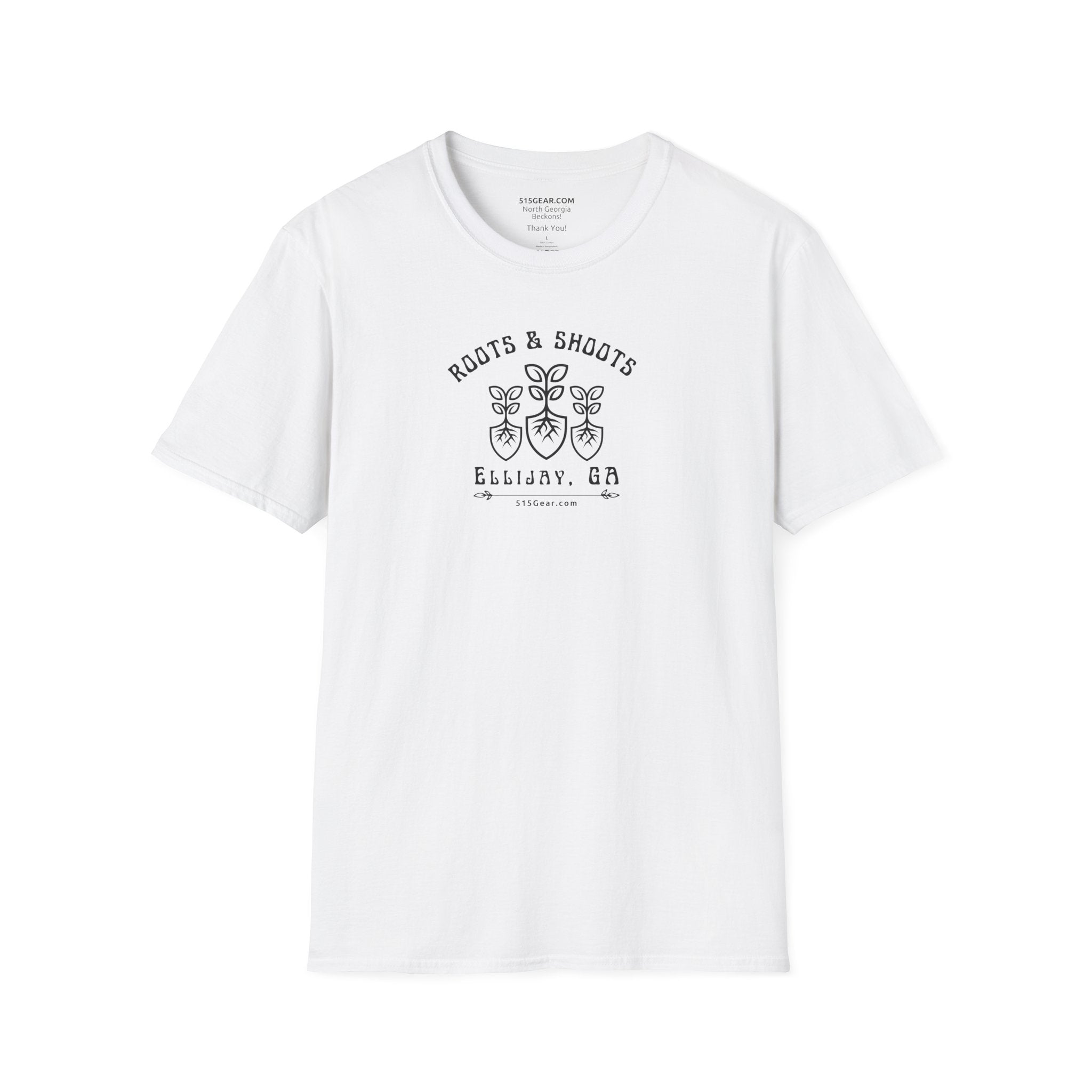 unisex adult T-shirt, Roots & Shoots, Garden shovel root leaf graphic, 515Gear.com | Ellijay, GA | celebrate gardening
