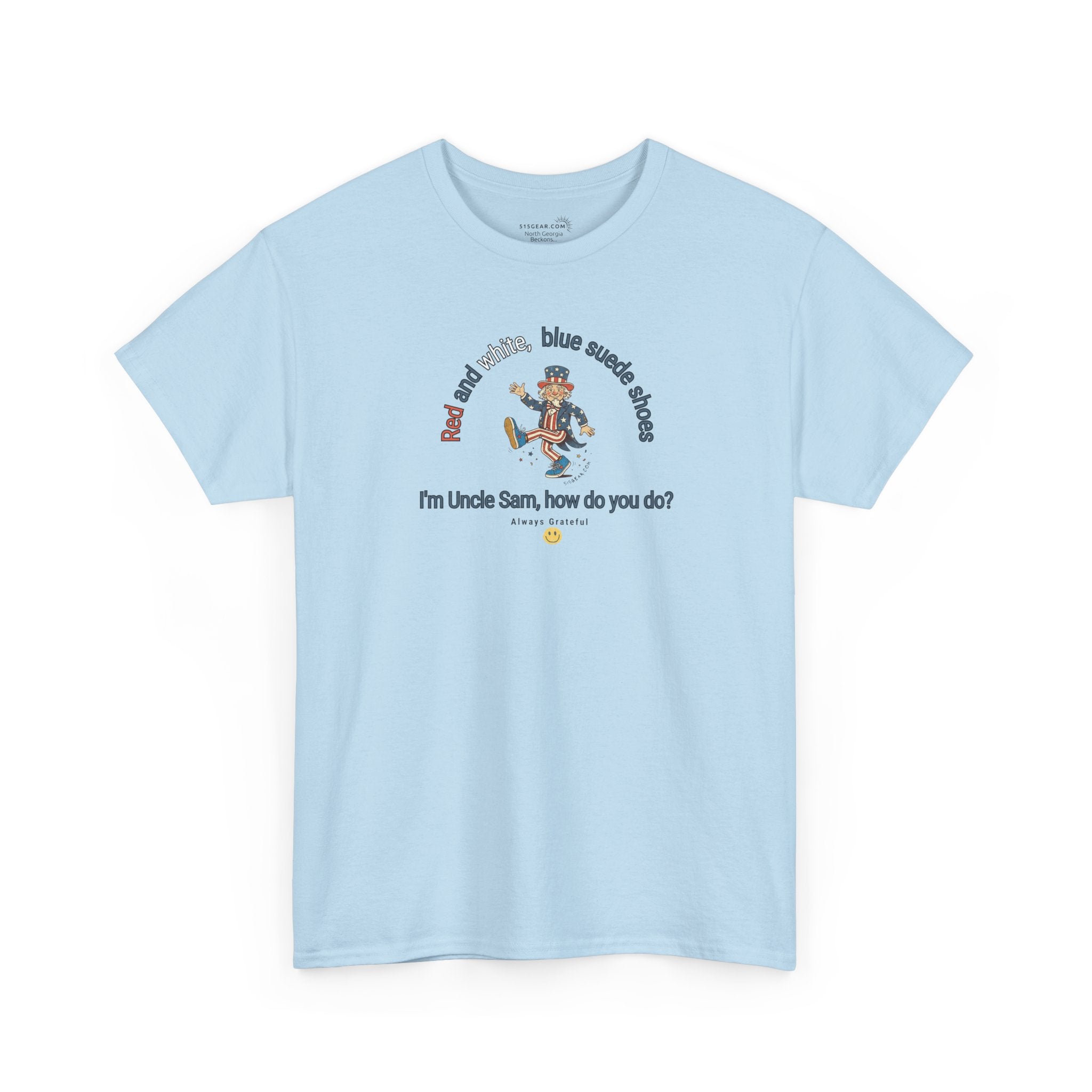 Light blue t-shirt with July 4th dancing Uncle Sam and text