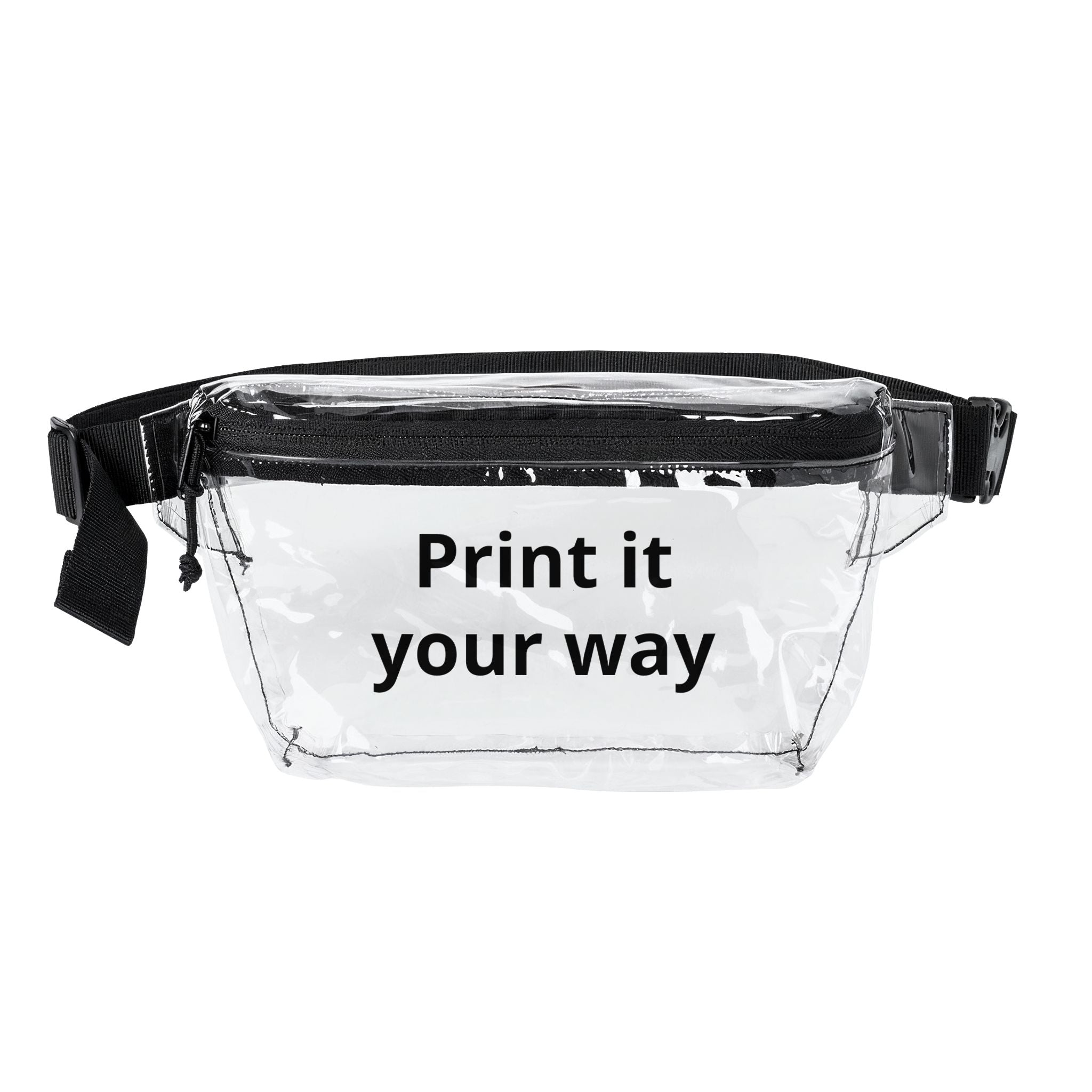 Clear concert, customizable fanny pack with black text