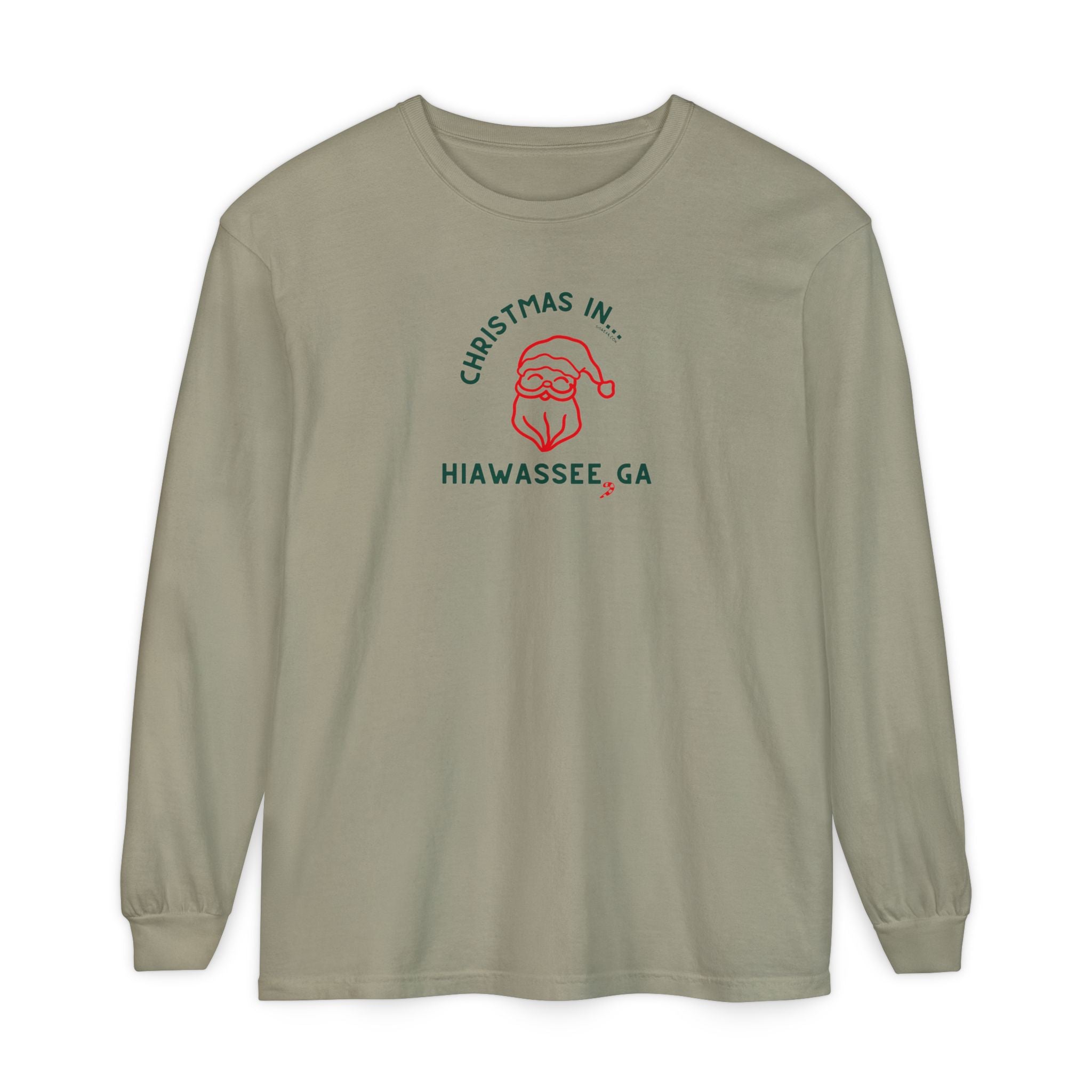 Khaki long-sleeve unisex Comfort Colors t-shirt with Christmas graphic and text "Christmas in Hiawassee, GA"
