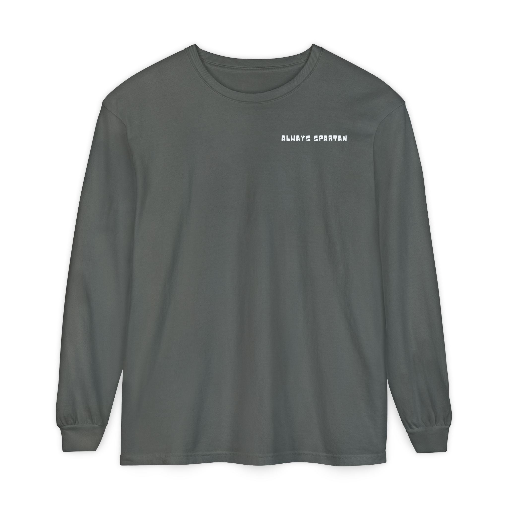 Gray long-sleeve shirt with text Always Spartan